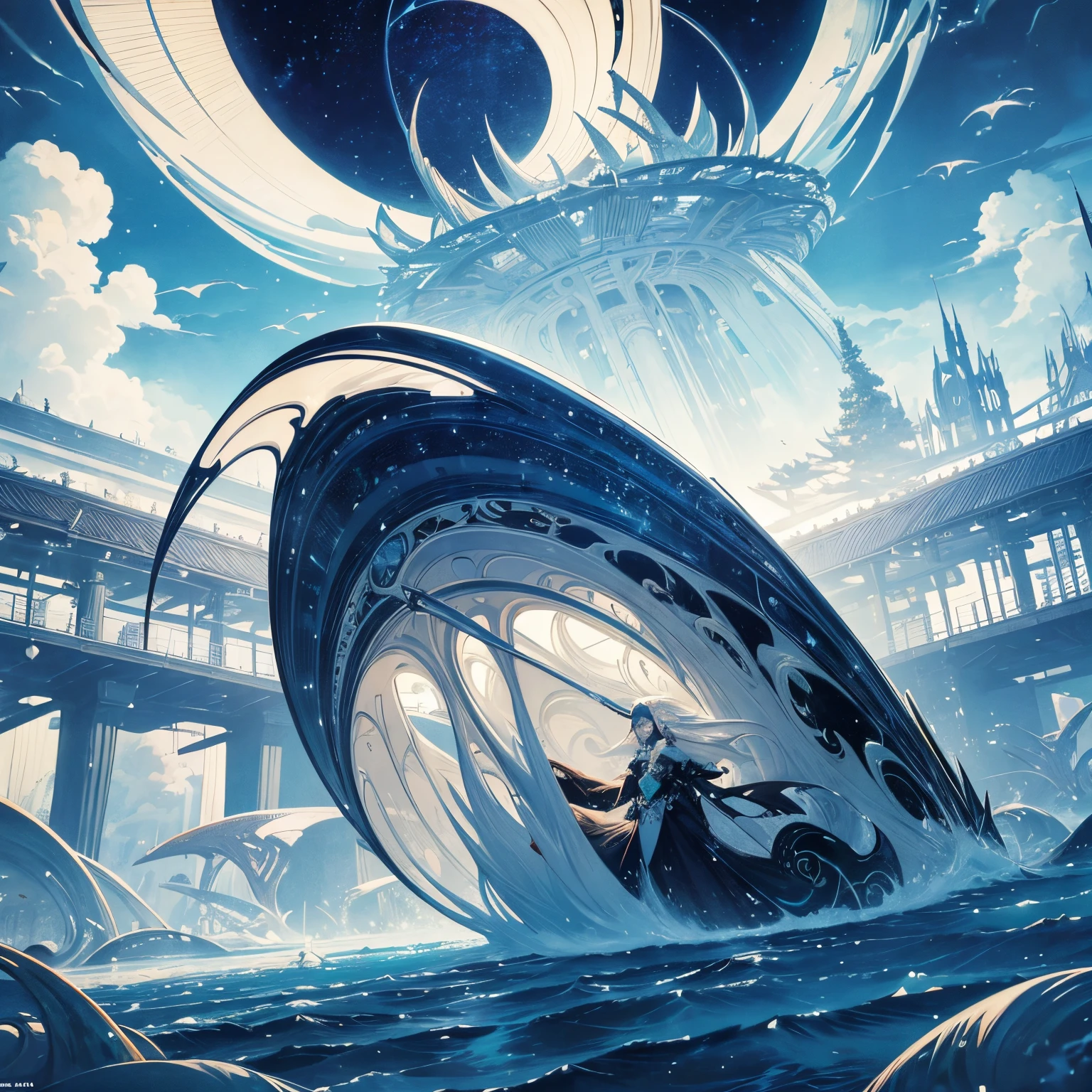 Kay Nielsen, Kenji Tsuruta, Surreal, mysterious, strange, fantastical, fantasy, Sci-fi, Japanese anime, abstract modern art, limitless dreams, New Year's song, beautiful girl choir, perfect voluminous bodies, girls, sexy cute, dynamic poses, sunrise, clouds, rays of light, hyper detailed masterpiece