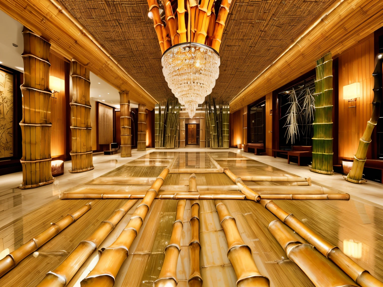 RAW photos, Masterpiece, high quality, best quality, realistic, super detailed,
5-star hotel lobby interior, luxurious, minimalist style, main material uses bamboo (bamboo tree: 1.5) bamboo ceiling, dark bamboo-paneled walls and columns, mapble stone floor with decorative patterns, Large glass wall overlooking the garden, Sofa, table, bamboo reception desk, indoor ornamental plants, decorations, ceiling air conditioner, crystal chandelier, wall lamp, colored interior lighting warm