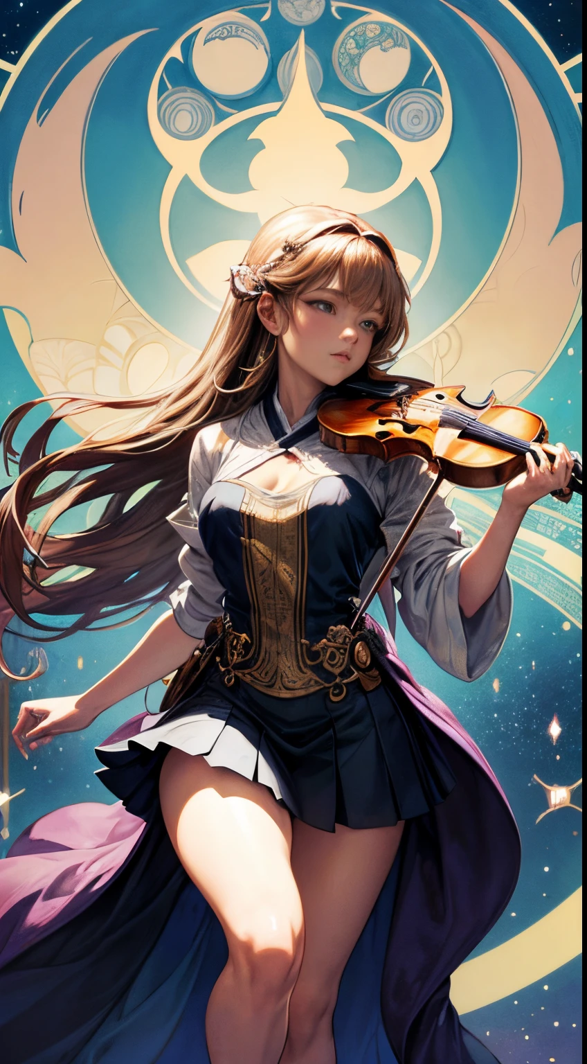 masterpiece, best quality, (very detailed CG unified 8k wallpaper), (best quality), (best illustration), (best shadow), real, realistic lighting, (abyss), beautiful detailed glowing, the art of PeterMohrbacher, the bard, the whole body, the bard, playing a lute, beautiful, very beautiful, delicate face, realistic expression, skirt, smile, woman