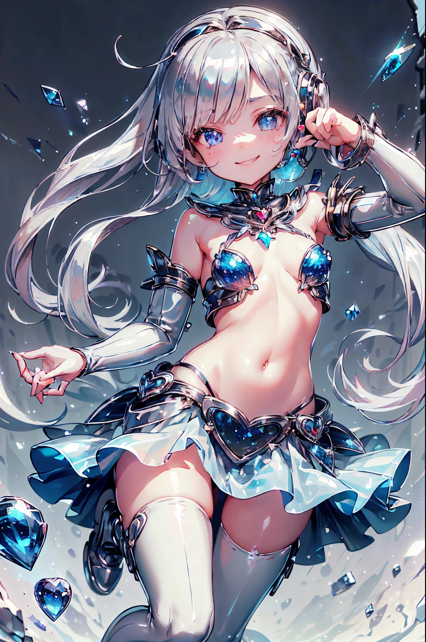 Best Quality, 8K, 1 girl,Solo, ***********, Silver hair, Long wavy hair,  Small breasts, Crop_Top, Mini skirt, White legwear, Cheeky child, lightsmile, Smirk, tiarra、sapphires、blue gemstone、White latex、(Silver Sapphire AI:1.5)、(magical ***********:1.5)、sexypose、heart mark、Heart decoration、