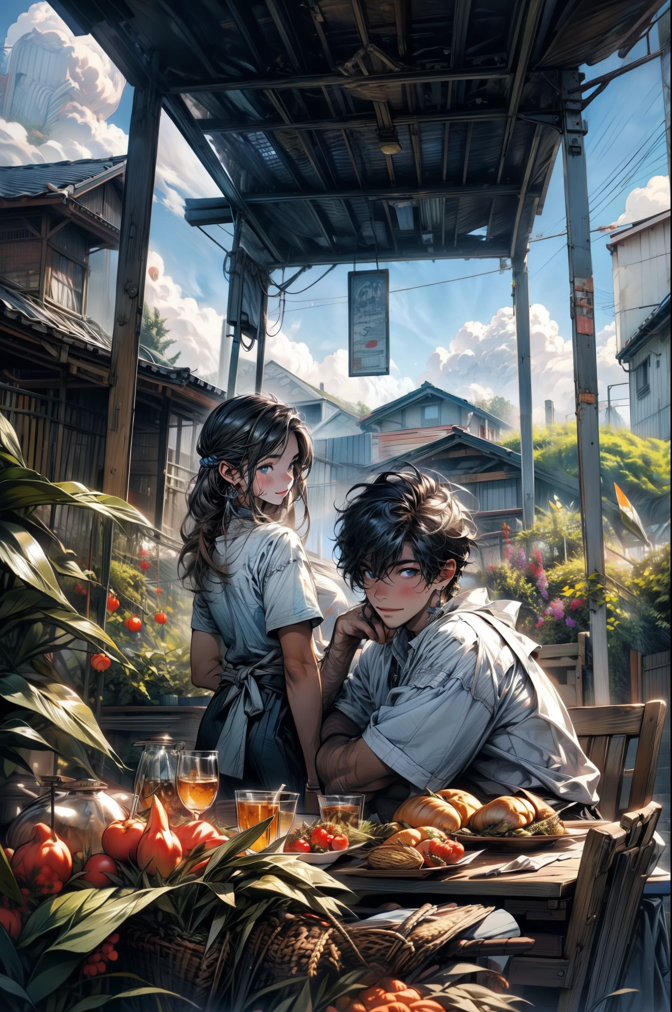 In the garden,There is a dining table,There is abundant food on it,Blue sky and white clouds,
