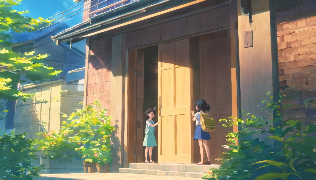 In front of the house、Accompanied by small children、A man and a woman are trying to open the door of the house