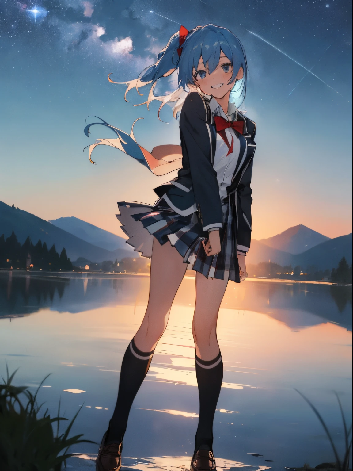 ((Masterpiece,Best Quality)),1girl, Blue hair, Starry sky, Lake, night sky, looking a viewer, grin, mountain, Hoshimachi Suisei, sobu high school uniform, Black Blazer, open jacket, white shirt, plaid skirt, Red bow tie, Black socks, Over the knee socks, loafer, Lateral ponytail, dark blue eyes