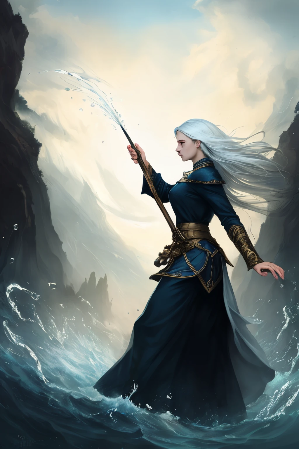 photorealistic photo of a beautiful young sorceress, white wizard shirt with gold trim, White mantle, fluttering in the wind, Long white hair, fully clothed, a perfect face, nice ass, (Perfect composition: 1.4), deviantart hd, artstation hd, ConceptArt , Detailed face and body, award-winning photo, fields, detailized face, Detailed hands, back light, ультрареалистичный 12k, ray traced, intense gaze, gaze at the viewer, 电影灯光, art by Grzegorz Rutkowski, Coals, high fantasy background, action pose, arms up to 90 degrees, holding a small magic wand, Splashing water, mist