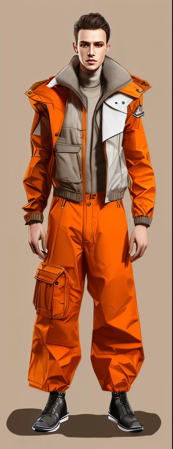 Drawing of a man wearing jacket and trousers, full body concept, clear outfit design, Waste soil style，Orange gray color，Shabby feeling，Clothes are damaged