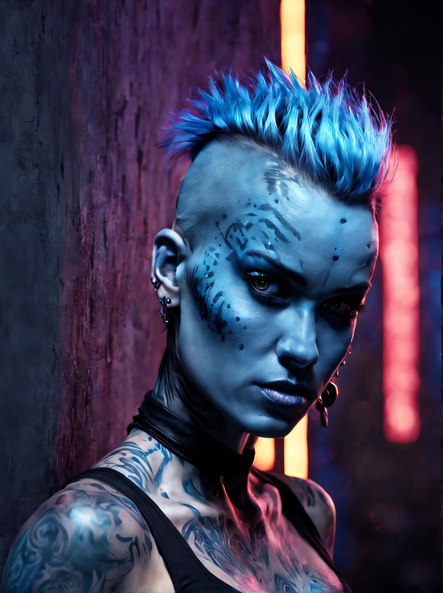 Muscular female Humanoid with glowing eyes. Ruggedly beautiful in a barbaric way, he has pale blue face tattoos , and a Mohawk haircut with a forward droop. She is leaning arrogantly against a nightclub wall. Full figure portrait. Hyper realistic, UHD, 16k