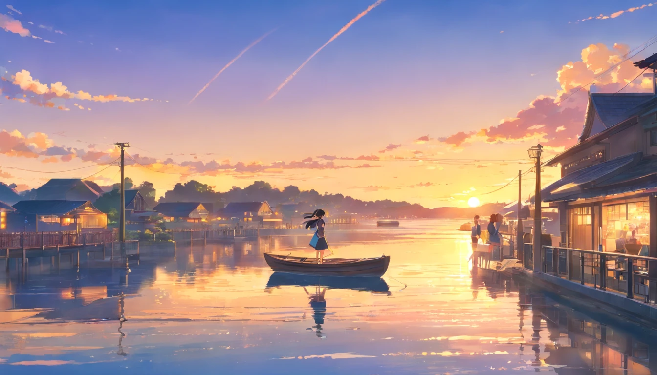 at the sunset、Strolling through a beautiful lakeside town、Woman in her 50s