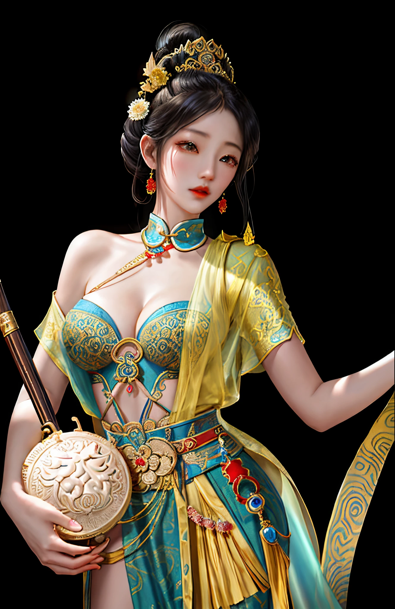 Dunhuang ancient style， dunhuang！！！，  The woman holds the instrument, Exquisite renderings, , an ancient Chinese goddess,  Princesa chinesa antiga,  8K, Exquisite renderings, High quality detailed art,