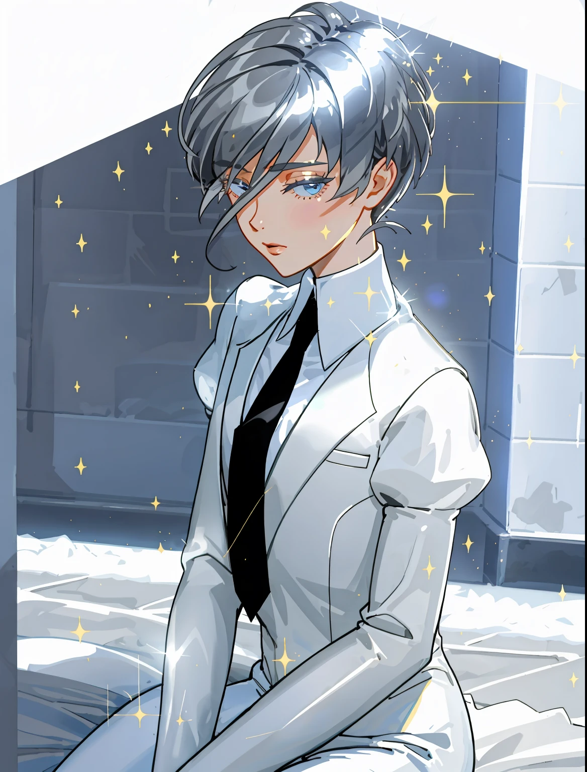 masterpiece, 8k uhd, absurdres, gorgeous girl, skinny, flat chest, very short grey hair, glare, (sparkling hair,:1.1), white suit, black tie, sunny day, winter, hands out of sight, hands behind her back, sitting on the ground