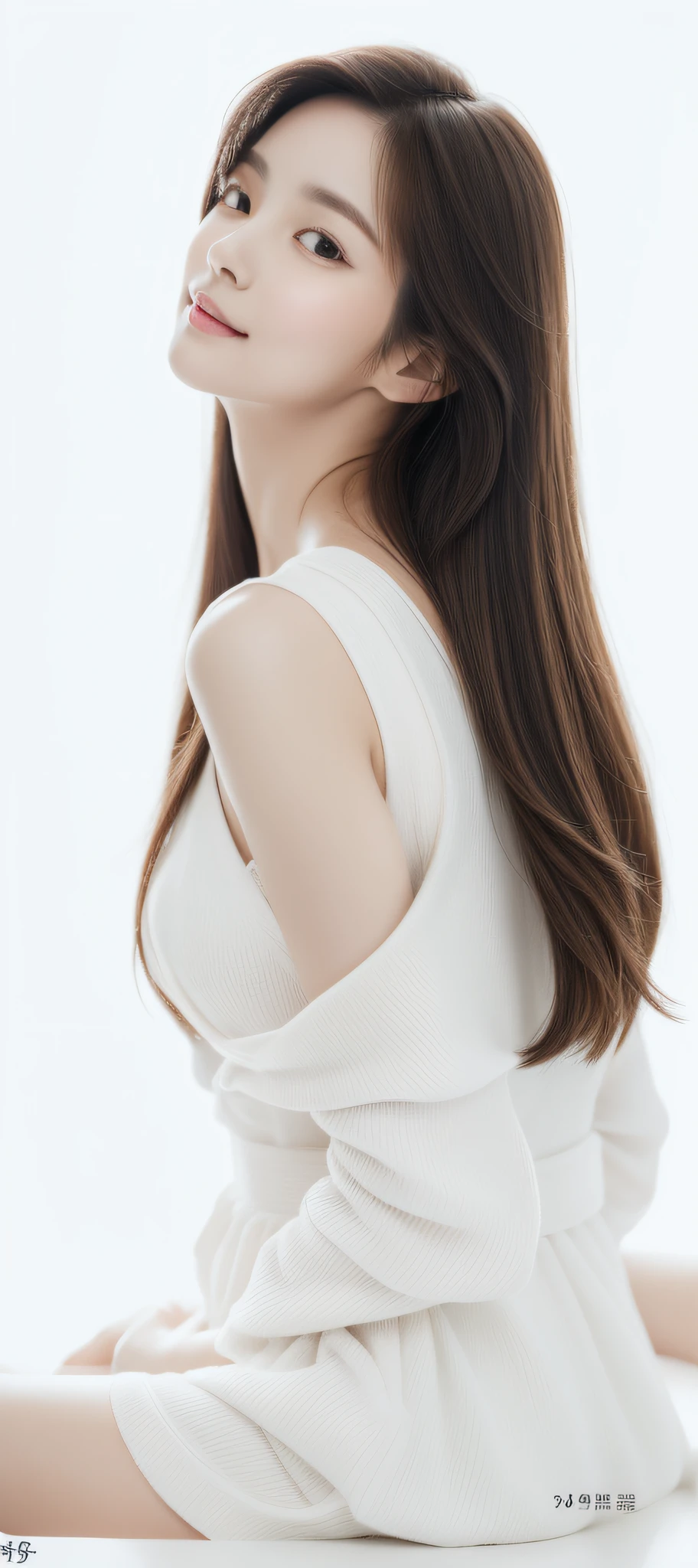 Realistic photo of 1 cute Korean star, Medium hair, Meticulous hair, White skin, thin makeup,,wearing white outfit, Close-up portrait, hyper HD，Lateral face，Forehead exposed，Full forehead，Don't obscure the character，Model the face，with light glowing，Facing the camera sideways，，Youth and beauty，Do not cover your body，The upper part of the body，pale robe，White dress，