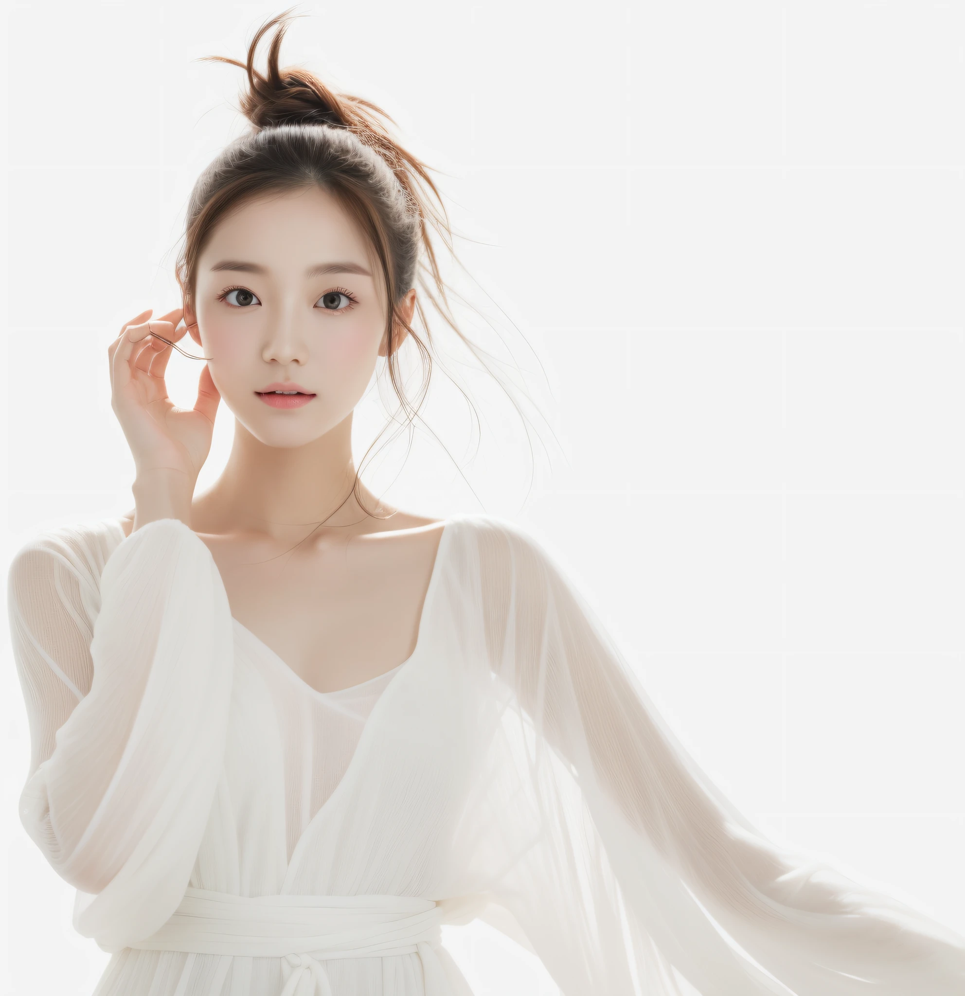 Realistic photo of 1 cute Korean star, Medium hair, Meticulous hair, White skin, thin makeup,,wearing white outfit, Close-up portrait, hyper HD，frontage，Forehead exposed，Full forehead，Don't obscure the character，Model the face，with light glowing，Face the camera head-on，，Youth and beauty，Do not cover your body，The upper part of the body，pale robe，White dress，
