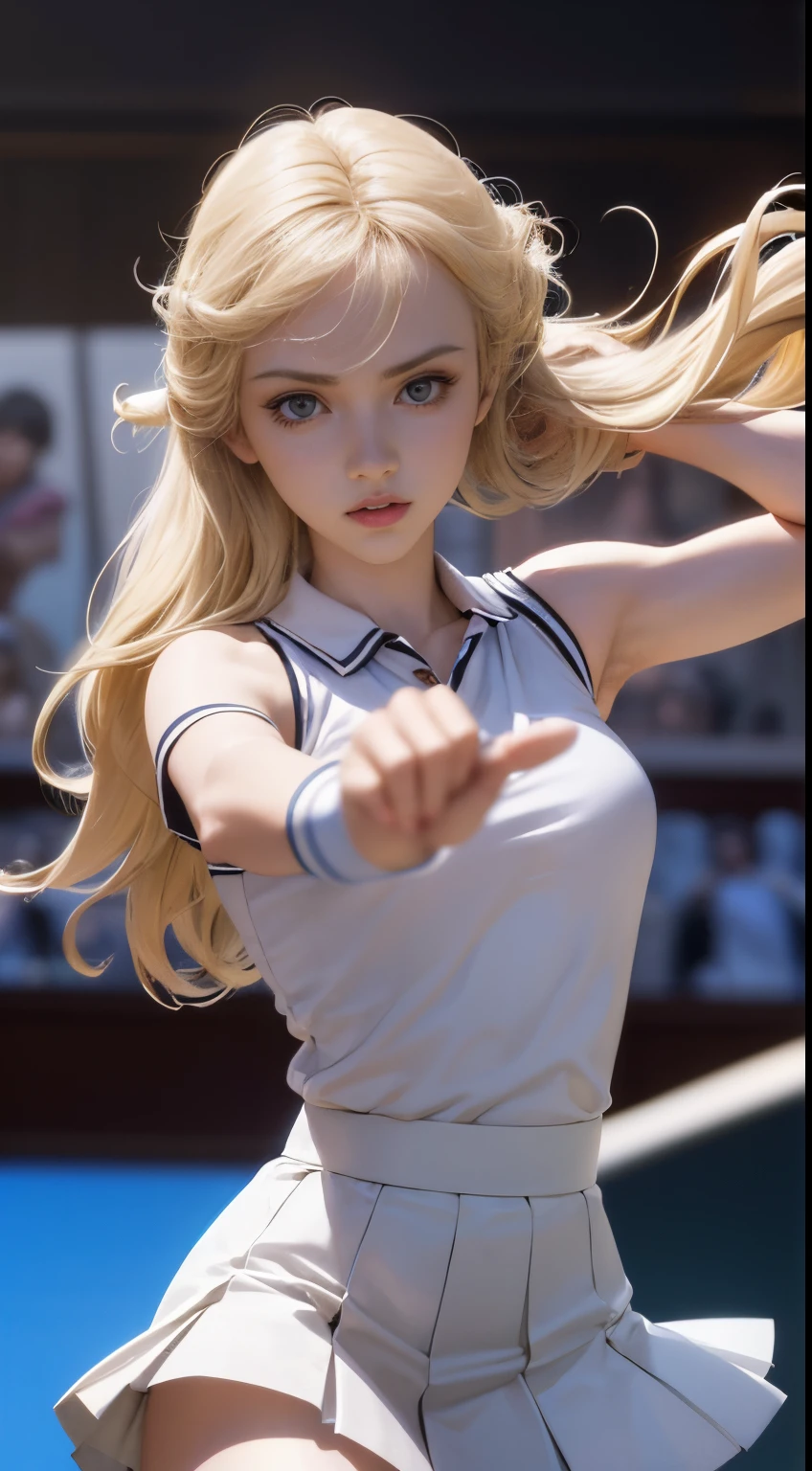Gerald Rose, Michael Sparks, Norman Saunders, Surreal, mysterious, strange, fantastical, fantasy, Sci-fi, Japanese anime, beautiful blonde miniskirt girl Alice enjoying tennis, perfect body, dynamism, Alice wins and the audience goes wild, hyper detailed masterpiece high resolution definition quality, depth of field cinematic lighting magic realism colour drawing