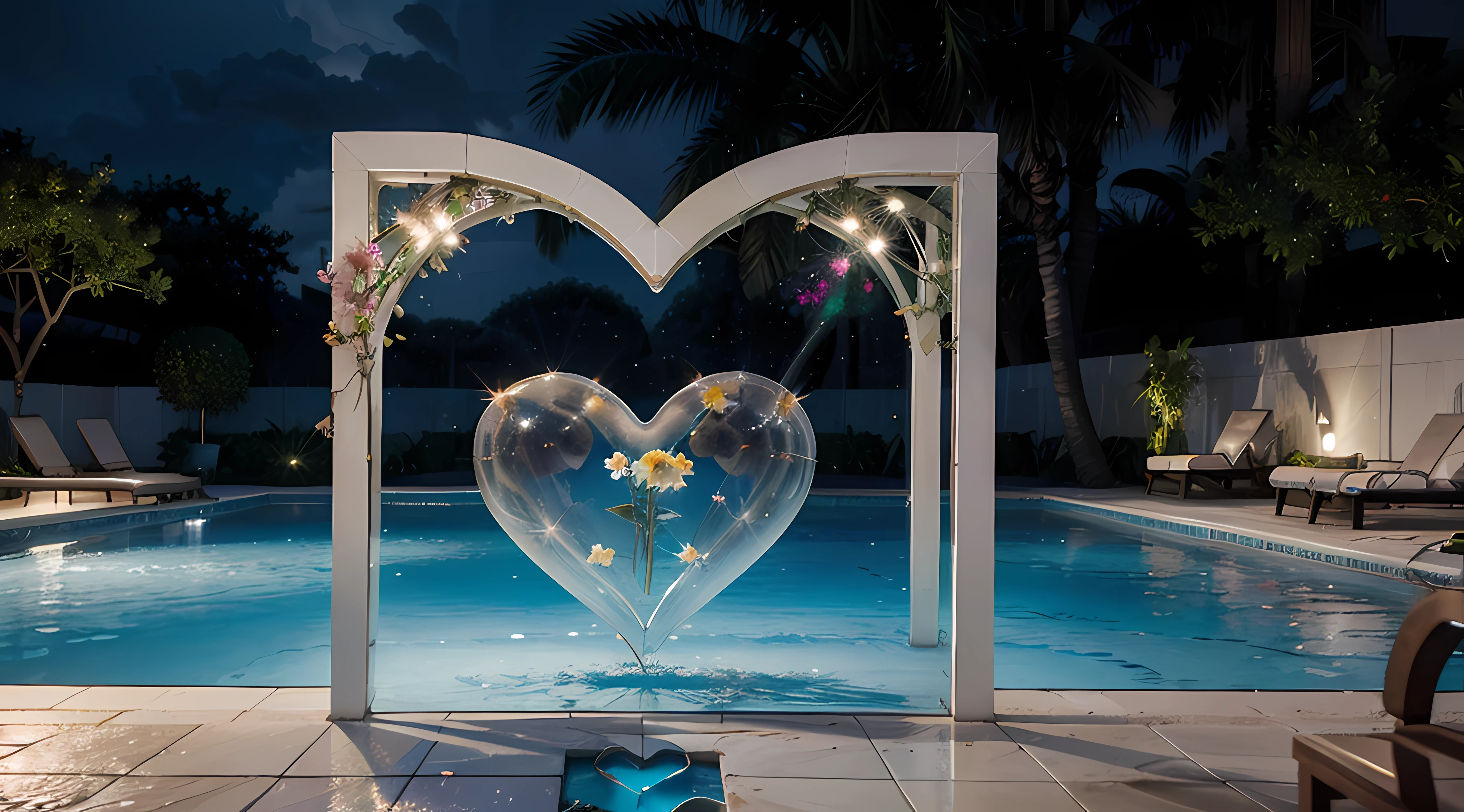 a large glass heart, in drops of water lies on wet marble tiles near the pool,There is a large glass heart next to it in which there are flowers,lightning flashes,splashes of colored smoke,splashes of colored smoke,8k,Diffraction Grading, Glowing, Ambient Occlusion, Translucidluminescence