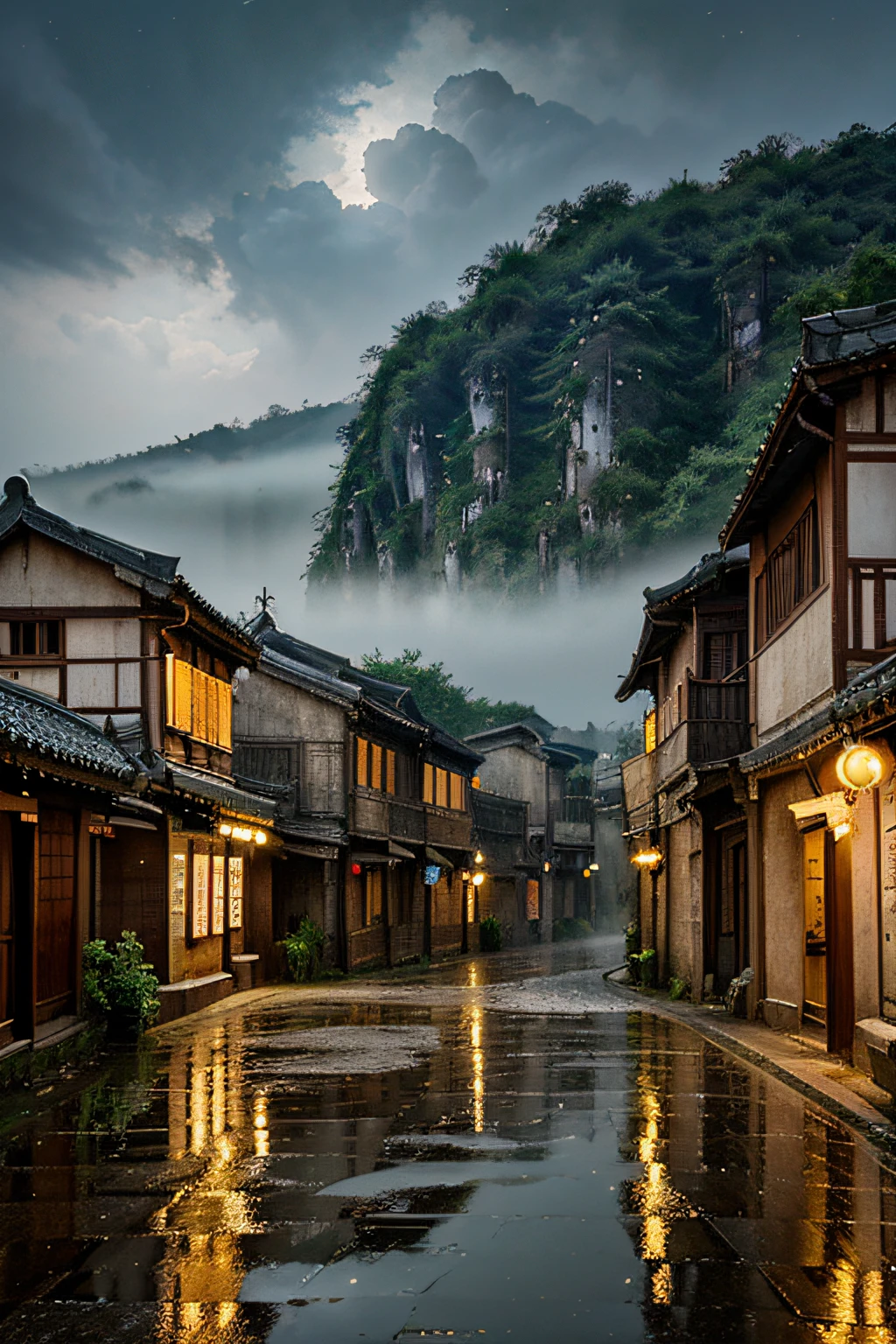 Summer night is under the starry sky,Ancient Town in Jiangnan, China,overcast day,rainy days,A small road,Magical light effects,Light white fog,8K high-definition,hyper HD,Volume light,downy,A tranquil,gentleness,