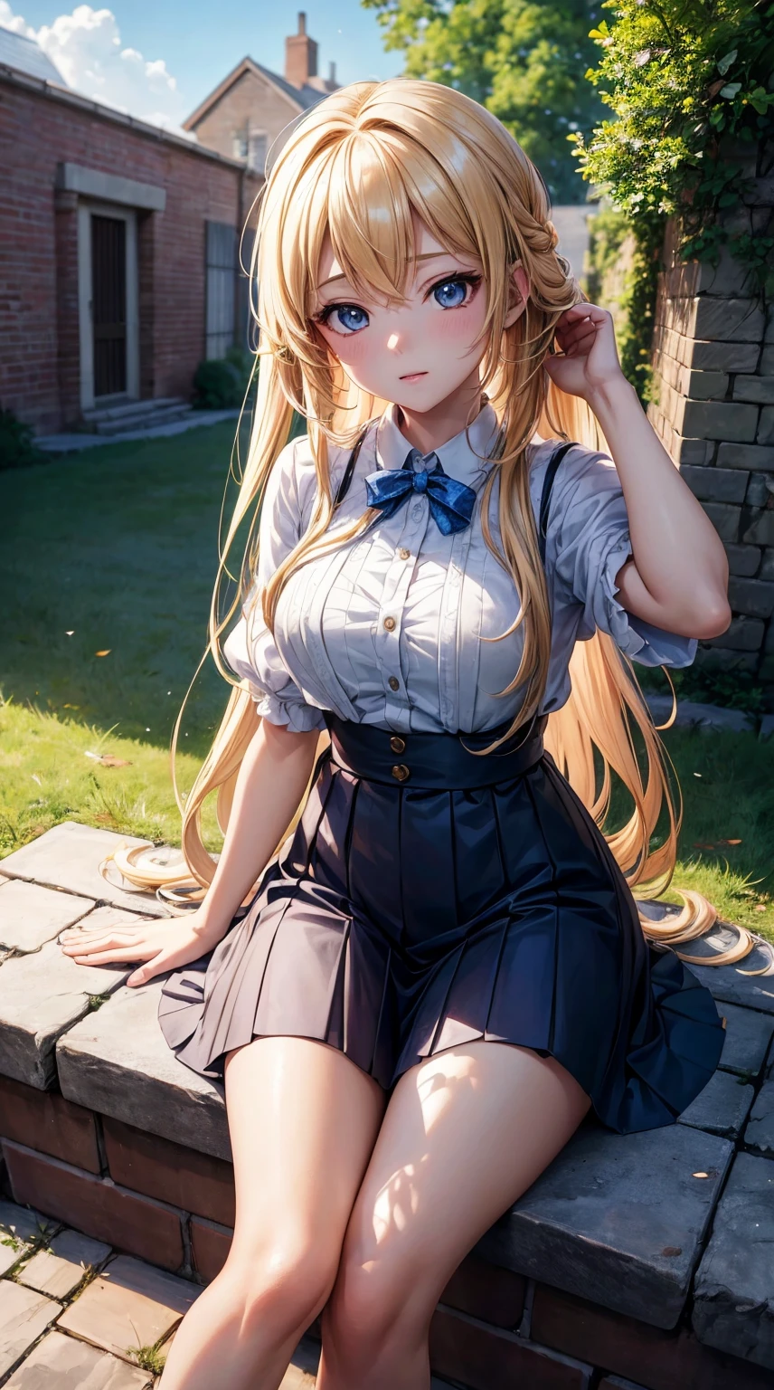 anime girl sitting on a stone wall with a brick wall behind her, smooth anime cg art, anime visual of a cute girl, cute anime girl, blonde anime girl with long hair, young anime girl, attractive anime girl, guweiz on pixiv artstation, seductive anime girl, beautiful anime girl, casual pose, a hyperrealistic schoolgirl, (ultra high res, best quality,), (8k, raw photo, best quality, masterpiece), technological sense, best quality, masterpiece, illustration,CG ,unity ,wallpaper, official art, Amazing, finely detail, an extremely delicate and beautiful,extremely detailed, highly detailed, sharp focus,rich background, (real person,photograph), ((high detailed skin))