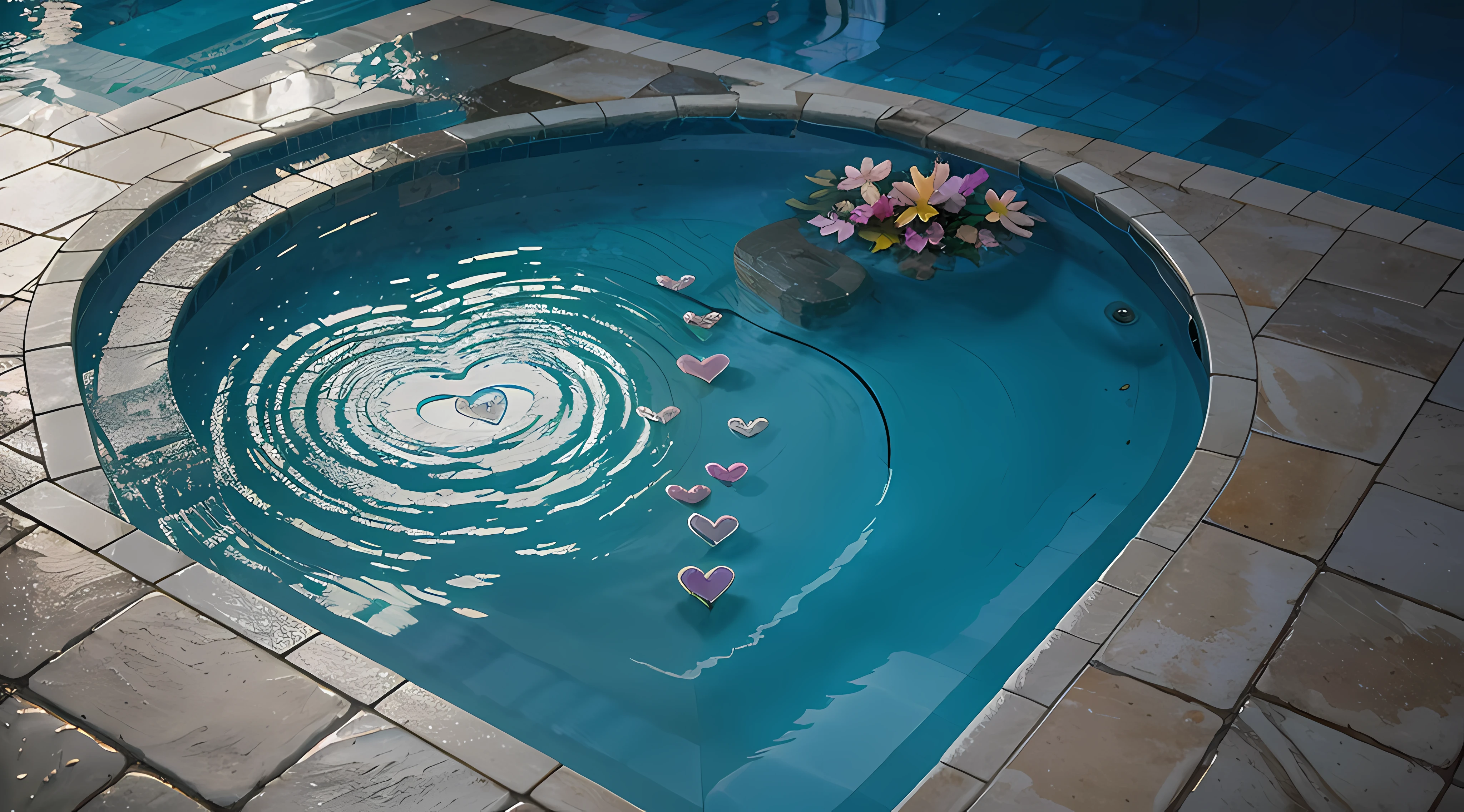 a large glass heart, in drops of water lies on wet marble tiles near the pool,There is a large glass heart next to it in which there are flowers,lightning flashes,splashes of colored smoke,splashes of colored smoke,8k,Diffraction Grading, Glowing, Ambient Occlusion, Translucidluminescence