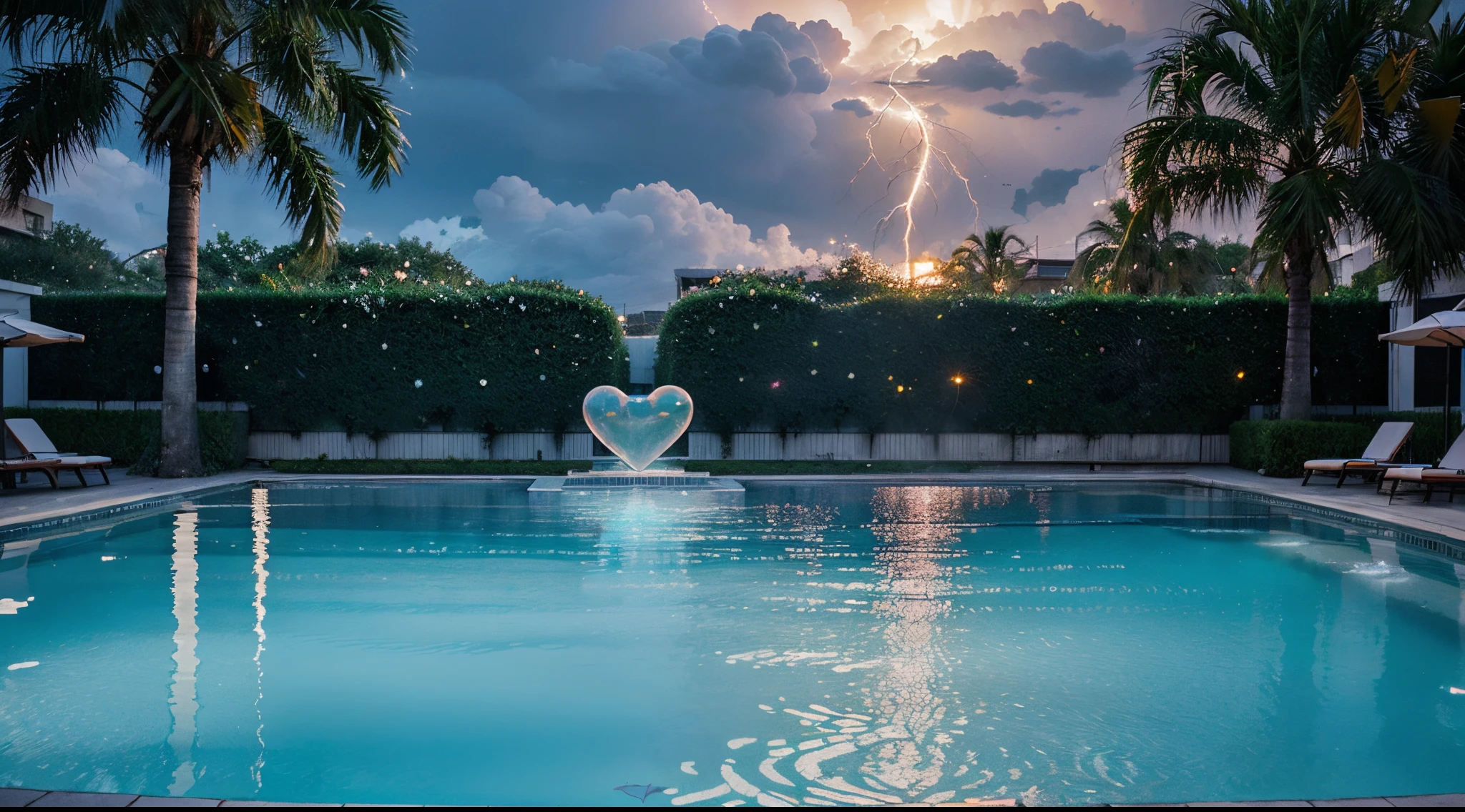 a large glass heart, in drops of water lies on wet marble tiles near the pool,There is a large glass heart next to it in which there are flowers,lightning flashes,splashes of colored smoke,splashes of colored smoke,8k,Diffraction Grading, Glowing, Ambient Occlusion, Translucidluminescence