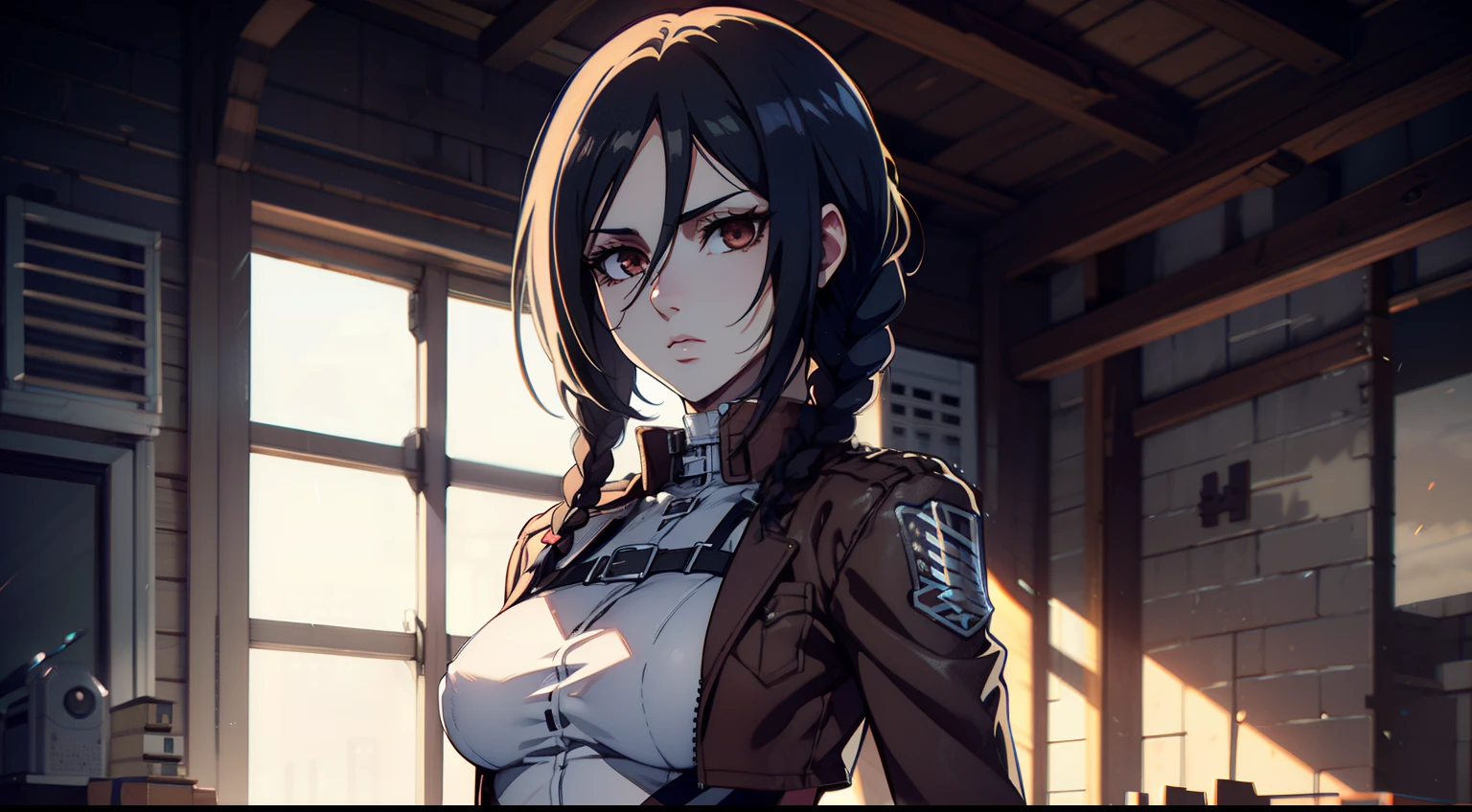 photo portrait, Beautiful figure, Lucy from the anime series Cyberpunk Edge Runner, Erotica, Nudie, half naked, a 1girl, facing the viewer, Beautiful figure (Proper Anatopy 1.1.), in full height (Body Full 1.1), Slim, Slender figure, Slender figure, shapely legs, leather pants, Anime style, redhead hair, redhead hair, that disappear at the ends, Bob hairstyle, short white jacket, tight black suit, Cutouts on the shoulders, Cutouts on the chest, Skinny black leather pants, Very detailed face, Very beautiful face, Very sexy ass, in full height (Body Full 1.1), Tall android girl, small elastic breasts, Little ass, Hair is gathered in a braid, Beautiful slim figure, small buttocks, A braid around the head, Round braid, Red Star in the Forehead, Short Brown Jacket, black tight suit, darkly,gris & Dark Style:1.1), Light, femininity,tmasterpiece,beste-Qualit,higly detailed,Visible to the feet, 8K resolution, High Sharp, 8K resolution, higly detailed, 8K UHD, Professional lighting, Photon mapping,physical based rendering, a perfect face, detailed face and body, ray traced, expressive look, Cinmatic Lighting,elastic small breasts, Heightened sexuality,