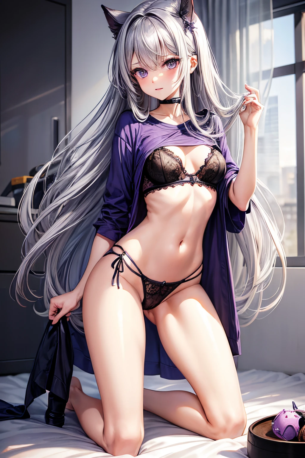 Girl 170cm, thin waist, purple eyes, long silver hair, big hips, small breasts, wearing a T-shirt, lingerie, on her knees, rubbing her pussy on a toy