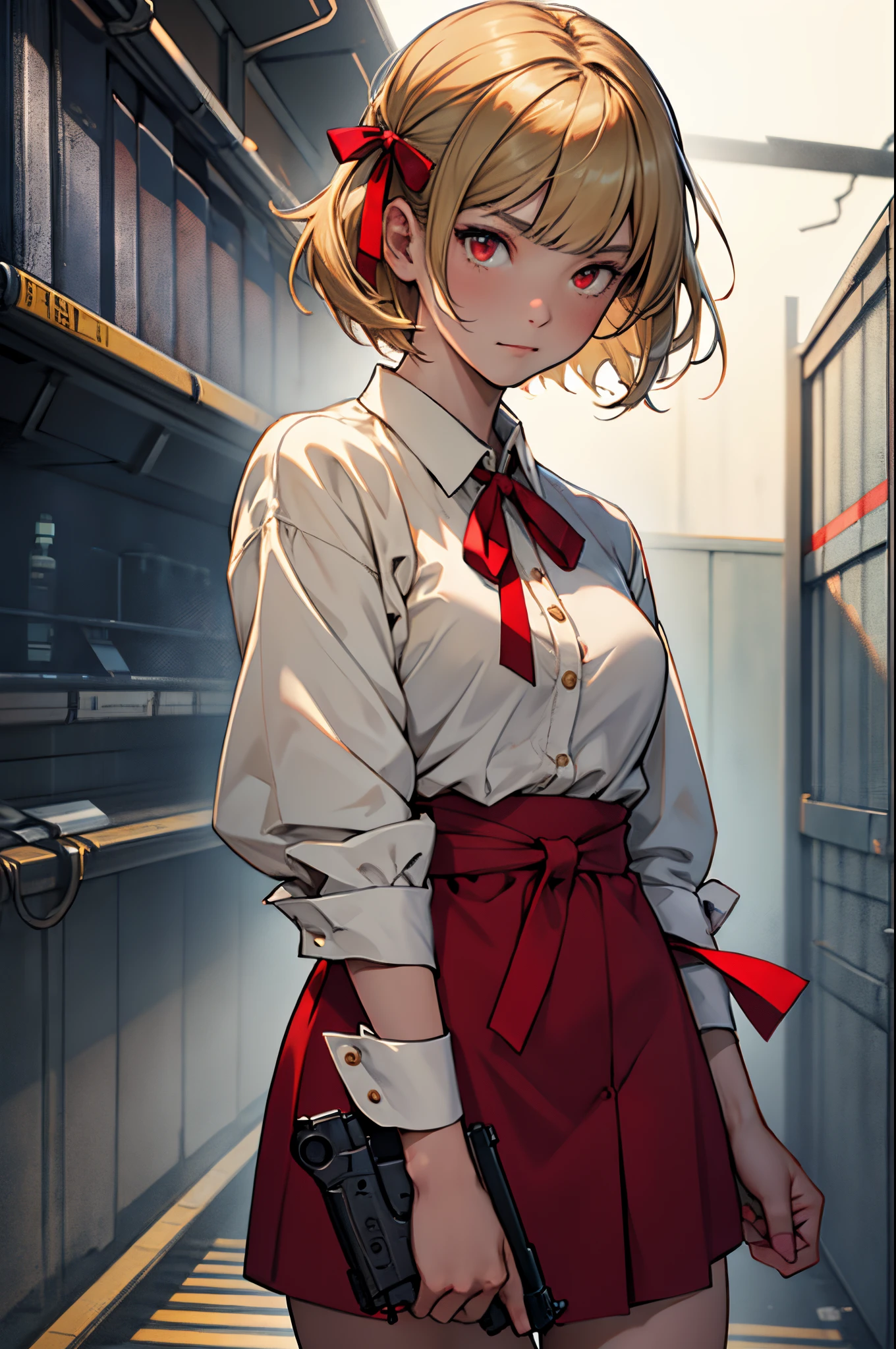 best quality, masterpiece, highres, solo, {nishikigi_chisato_lycorisrecoil:1.15}, short_hair, bangs, blonde_hair, red_eyes, ribbon, hair_ribbon, red_ribbon, bob_cut, closed_mouth, neck_ribbon, blue_ribbon, 1girl, gun, handgun, holding, holding_gun, holding...