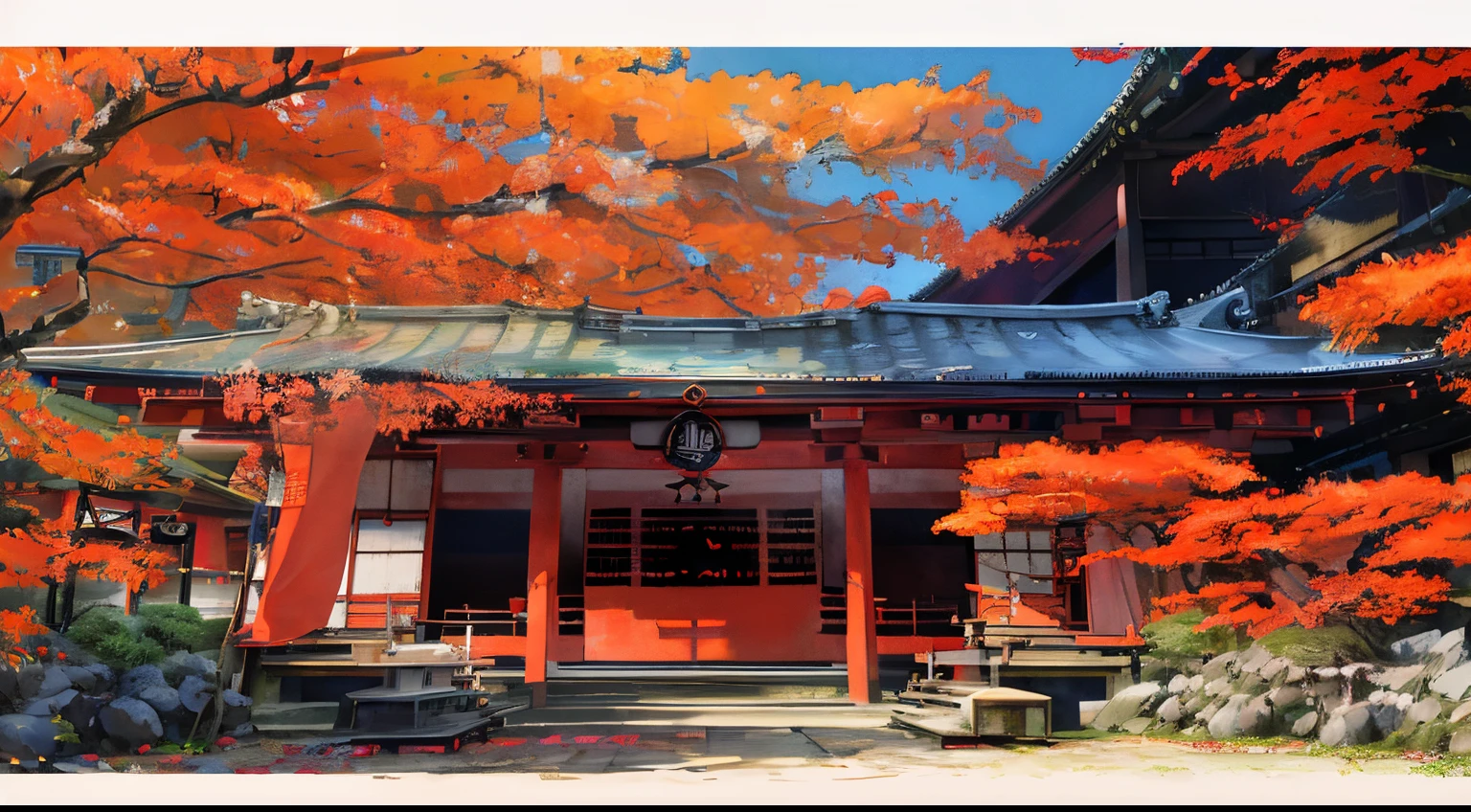 There is a red building,There are red doors and red roofs, japanese temples, kyoto inspired, A Japanese shrine, Zen temple background, japanese temples, cyberpunk japanese temple, ancient japanese architecture, Inspired by Kiyozo Torii, digital painting of a pagoda, shrines, author:Torii Kiyozo, Inari Shrine, Inspired by Torii Kiyozo II
