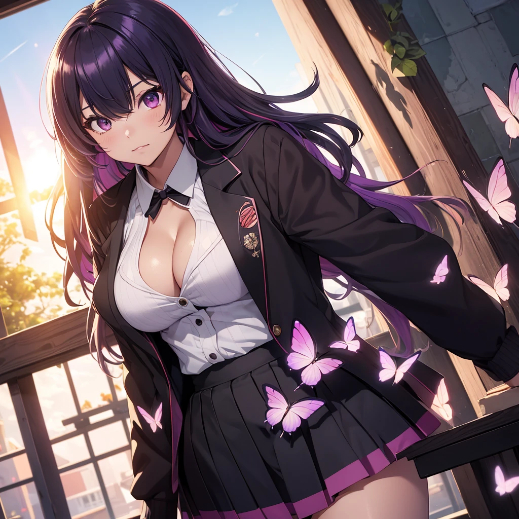 Kochou Shinobu, 1girl,masterpiece, multicolored hair,sleeveless, purple eyes, black jacket,black skirt,uniform, white haori, , multiple butterflies, , laked sunset, lens flare, perfect lighting, highest quality, hands behind, thick thighs, large breasts, cleavage,highest quality, high resolution.