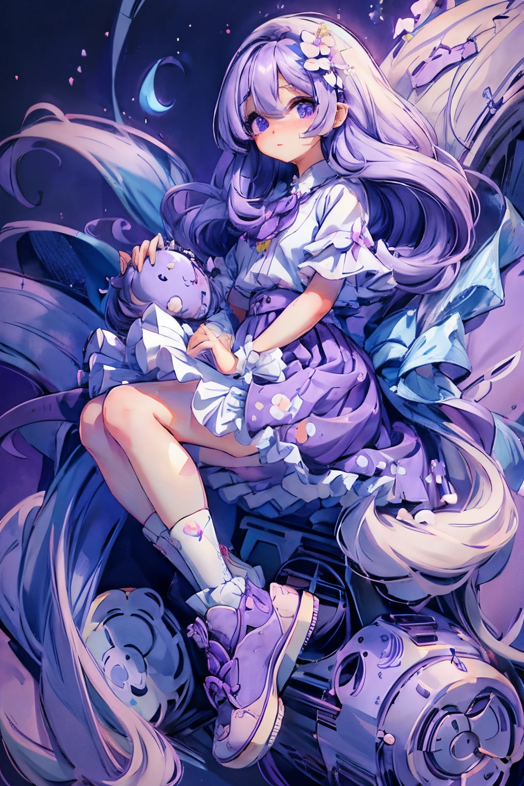 A girl with purple hair（1.1），Hair is fluffy and flowy（1.1），Big purple eyes（1.1），Cute face，Beautiful and delicate floral skirt，White cute socks，Cute and cute shoes，simple backgound