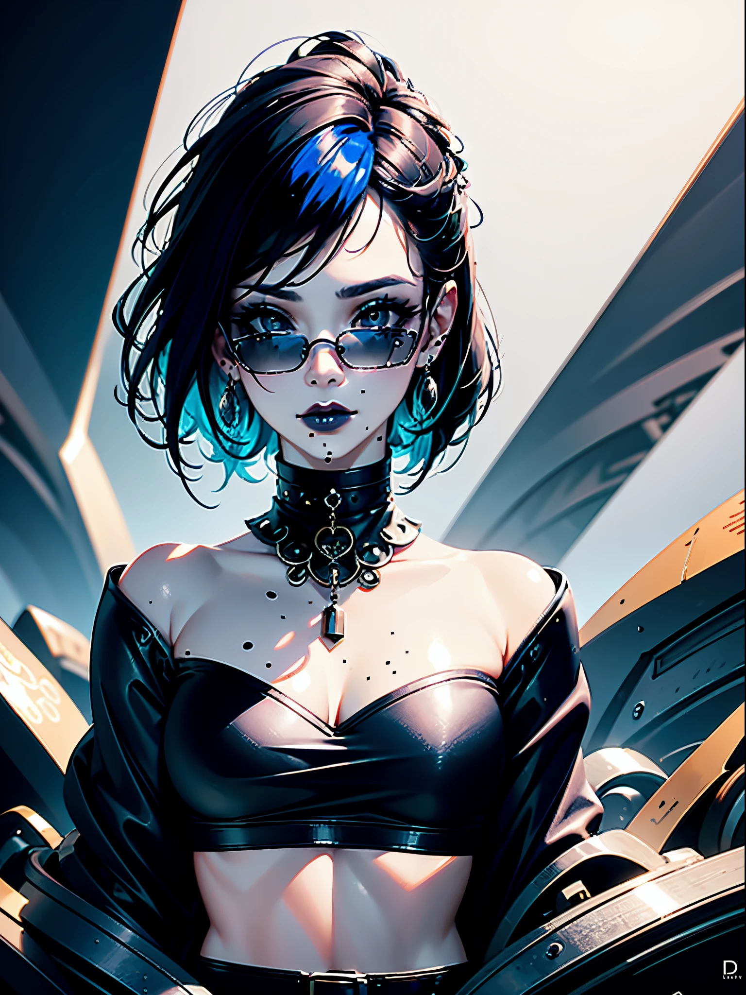 masterpiece, best quality,3d rending work ,3DMM style,close-up,portrait, 3D,1girl, solo, multicolored hair, blue hair, black hair, necklace, freckles, jewelry, two-tone hair, looking to the side, realistic, upper body, simple background, bangs, looking away, short hair, parted lips, black eyes, lips, gothic, choker, makeup, mole, black shirt, shirt, watermark