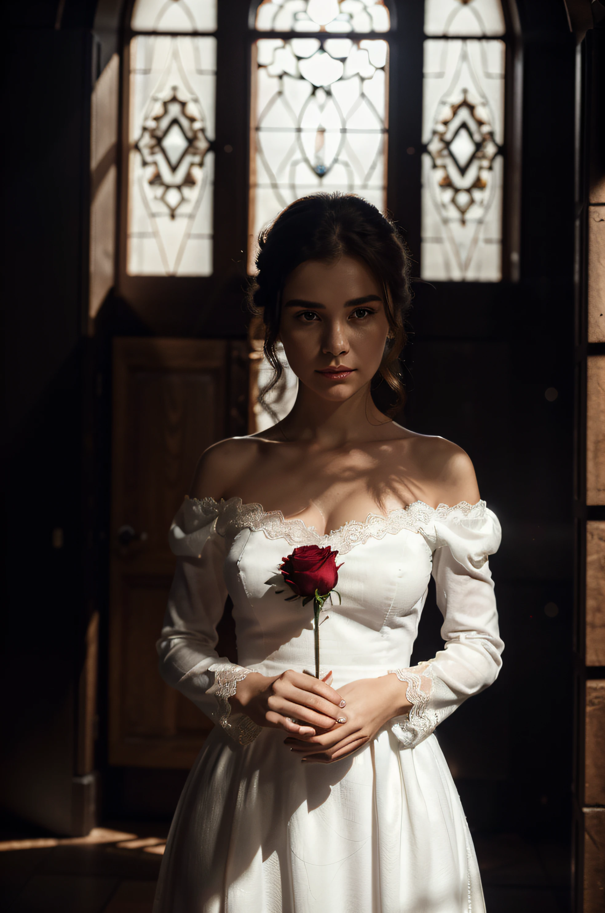 1woman, wearing a white dress that falls The dress has delicate lace detailing on the sleeves and neckline, face is the main focus, holds a single red rose, masterpiece, dramatic light, deep shadow, highlight top quality, a dark background, masterpiece, (3/4 frame), (full body shot), high res, 8k, raw photo.