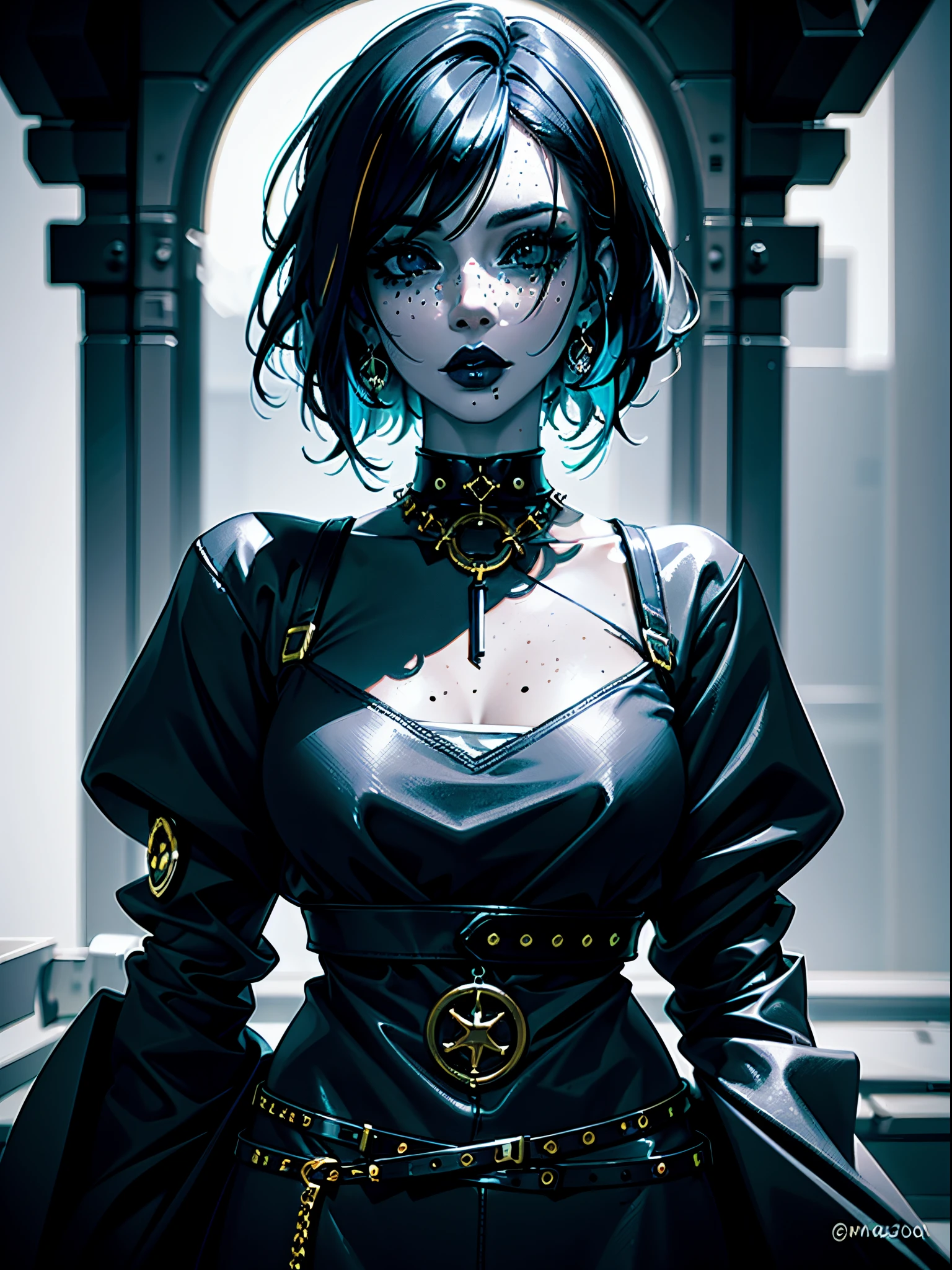 masterpiece, best quality,3d rending work ,3DMM style,close-up,portrait, 3D,1girl, solo, multicolored hair, blue hair, black hair, necklace, freckles, jewelry, two-tone hair, looking to the side, realistic, upper body, simple background, bangs, looking away, short hair, parted lips, black eyes, lips, gothic, choker, makeup, mole, black shirt, shirt, watermark