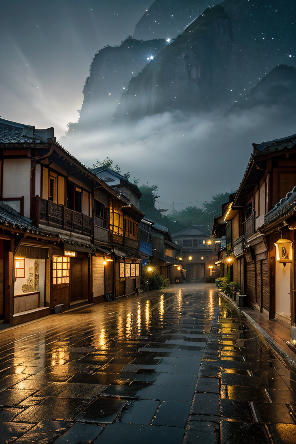 Summer night is under the starry sky，Ancient Town in Jiangnan, China，overcast day，rainy days，A small road，Magical light effects，Light white fog，8K high-definition，hyper HD，Volume light，downy，A tranquil，gentleness，