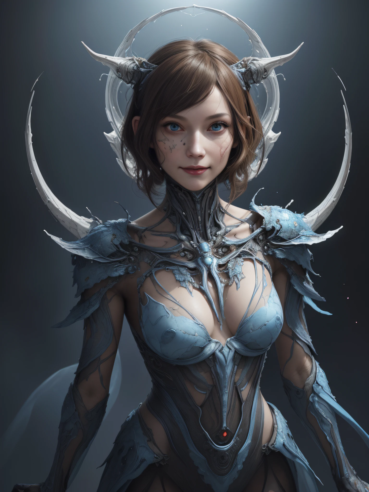 hightquality、8K、Ulutra HD、fullllbody、1 16-year-old female、Gentle smile、Rich facial expressions、beauty legs、robe blanche、light brown hair、Blue eyes、mechanical black stage costume、(The background is an alien city in a sci-fi parallel world........)、Soft light、cute little、Beautiful fece、portlate、art by:Alberto Seveso、Abstract art style、Complex and intricate watercolor painting 、digitial painting、concept-art、Volumetric lighting、TanvirTamim、metal reflective、2d render、Art Germ、Trending on ArtStation