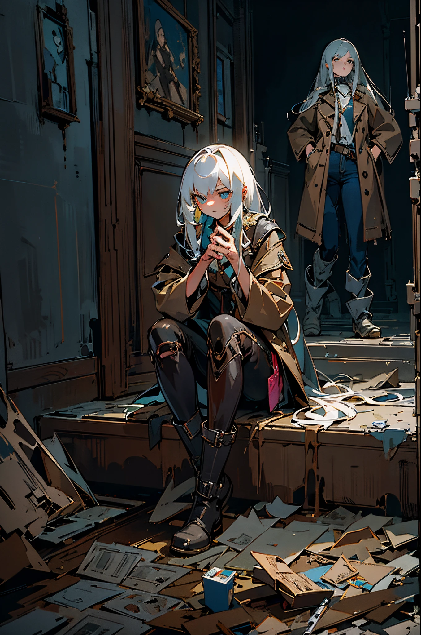 (suspense scene ((CONCEPT ART)), extremely detailed with a girl wearing jeans with brown coat and boots), (better lighting, better shadow, an extremely delicate and scary), (digital illustration), ((4k painting)), [(dynamic angle,((1girl)),white hair, (beautiful face, perfect face, scared,) expression of fear, torn clothes, a gun in hand, sitting on the floor, darkness, scary house),  [:(dark, mysterious, game paint, sinister setting, jagged corridors, big house, deadly silence):]