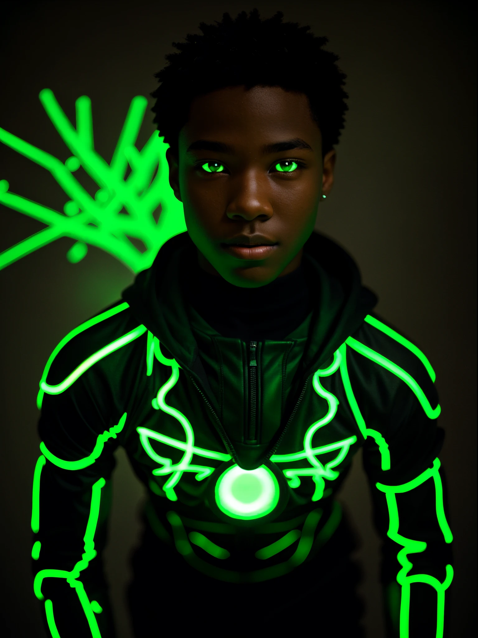 black male with glowing green eyes with green glowing arms