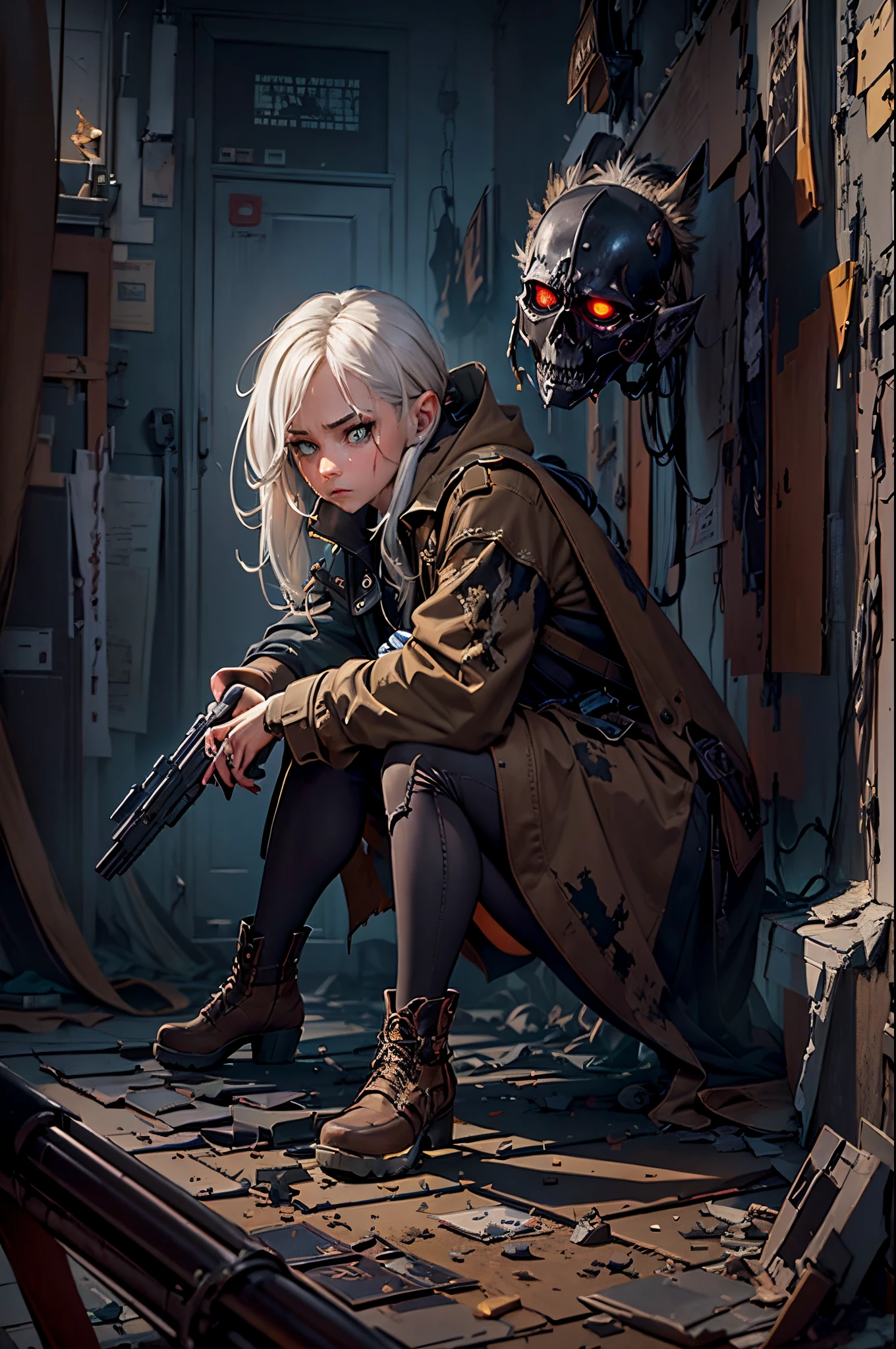 (suspense scene ((CONCEPT ART)), extremely detailed with a girl wearing jeans with brown coat and boots), (better lighting, better shadow, an extremely delicate and scary), (digital illustration), ((4k painting)), [(dynamic angle,((1girl)),white hair, (beautiful face, perfect face, scared,) expression of fear, torn clothes, a gun in hand, sitting on the floor, darkness, scary house),  [:(dark, mysterious, game paint, sinister setting, jagged corridors, big house, deadly silence):]
