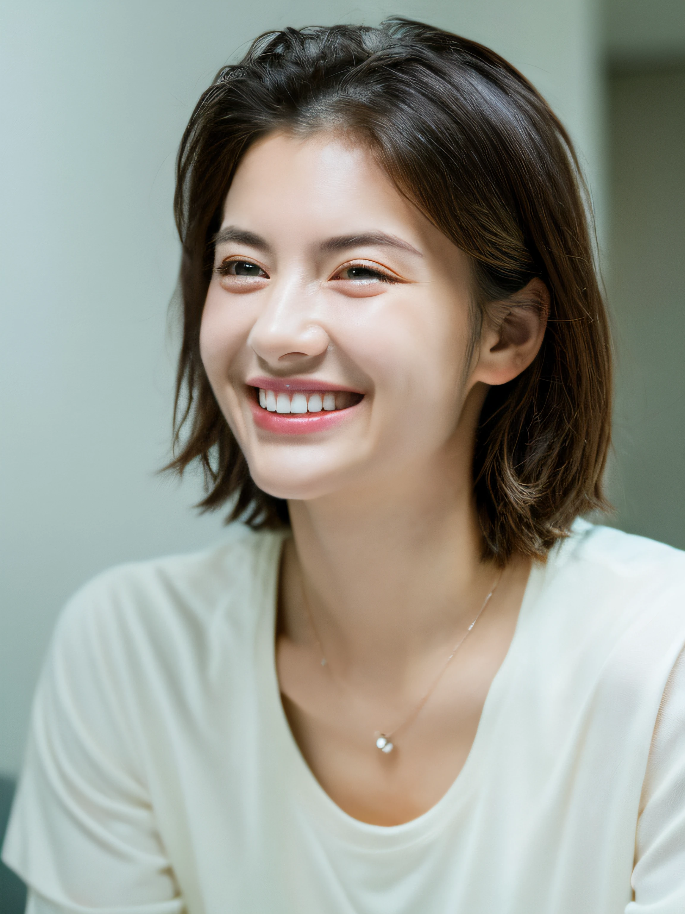 Best quality, masterpiece, ultra high res, (photorealistic:1.5),Elegant look, raw photo, wearing white tshirt, smiling, laughing, 1girl, in the dark, deep shadow, Room light, short hair, necklace, blue eyes