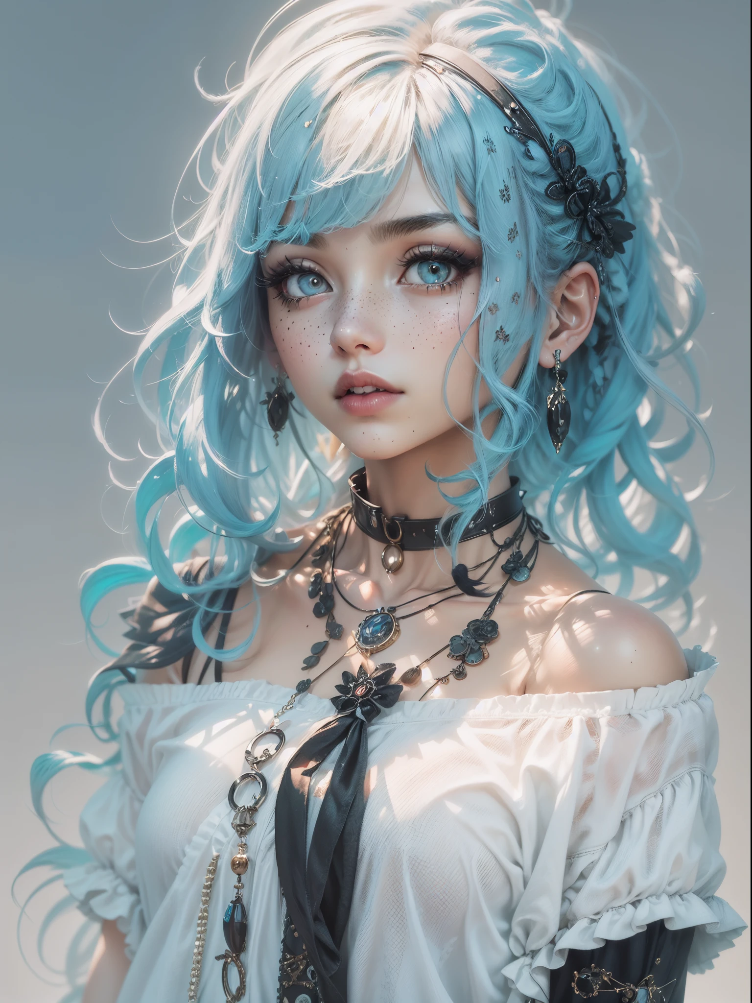 masterpiece, best quality,3d rending work ,3DMM style,close-up,portrait, 3D,1girl, solo, multicolored hair, blue hair, black hair, necklace, freckles, jewelry, two-tone hair, looking to the side, realistic, upper body, simple background, bangs, looking away, short hair, parted lips, black eyes, lips, gothic, choker, makeup, mole, black shirt, shirt, watermark
