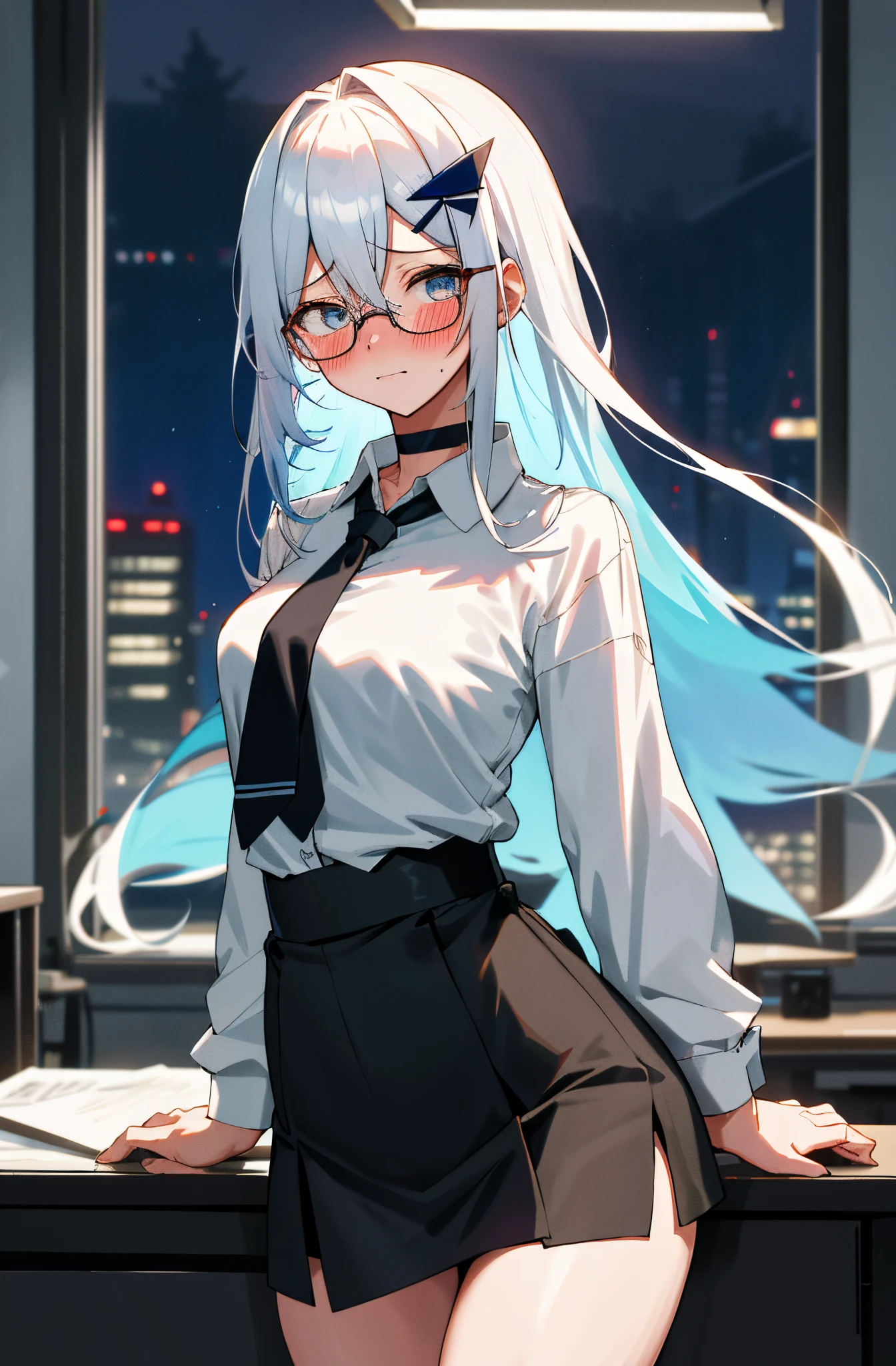 One girl with long hair, white hair, blue inner hair, looking at viewer, embarrassed, blushing, tears, indoor , room, white shirts, black necktie, mini skirt, office lady, thigh, slim, dizzy, choker, mid-chest, wide hips, perfect waist, spread legs, night atmosphere, hair ornament, standing, glasses, (embarrassed:1.0)