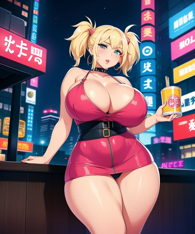 1girl,  (((bimbo))),hoop earrings, puffy lips, painted lips, thick lips. 
blonde hair, short twintails, wide hips, thick thighs, bursting breasts Nightlife, Night city, Cyberpunk city, futuristic cityscape. Neon lights, (skyscraper:1.1), Tokyo tower, palm tree, cloth sign, ramen stall, night club. bright city lights, exotic car. alcohol, bar, ramen, soup stall ,alcohol bottles,