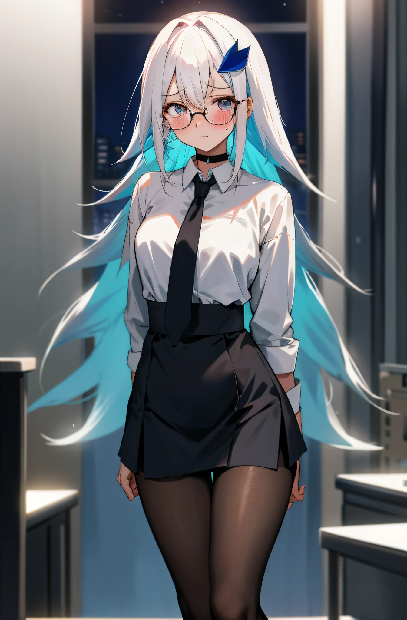 One girl with long hair, white hair, blue inner hair, looking at viewer, embarrassed, blushing, tears, indoor , room, white shirts, black necktie, mini skirt, office lady, thigh, slim, dizzy, choker, mid-chest, wide hips, perfect waist, spread legs, night atmosphere, hair ornament, standing, glasses, pantyhose, (embarrassed:1.0)