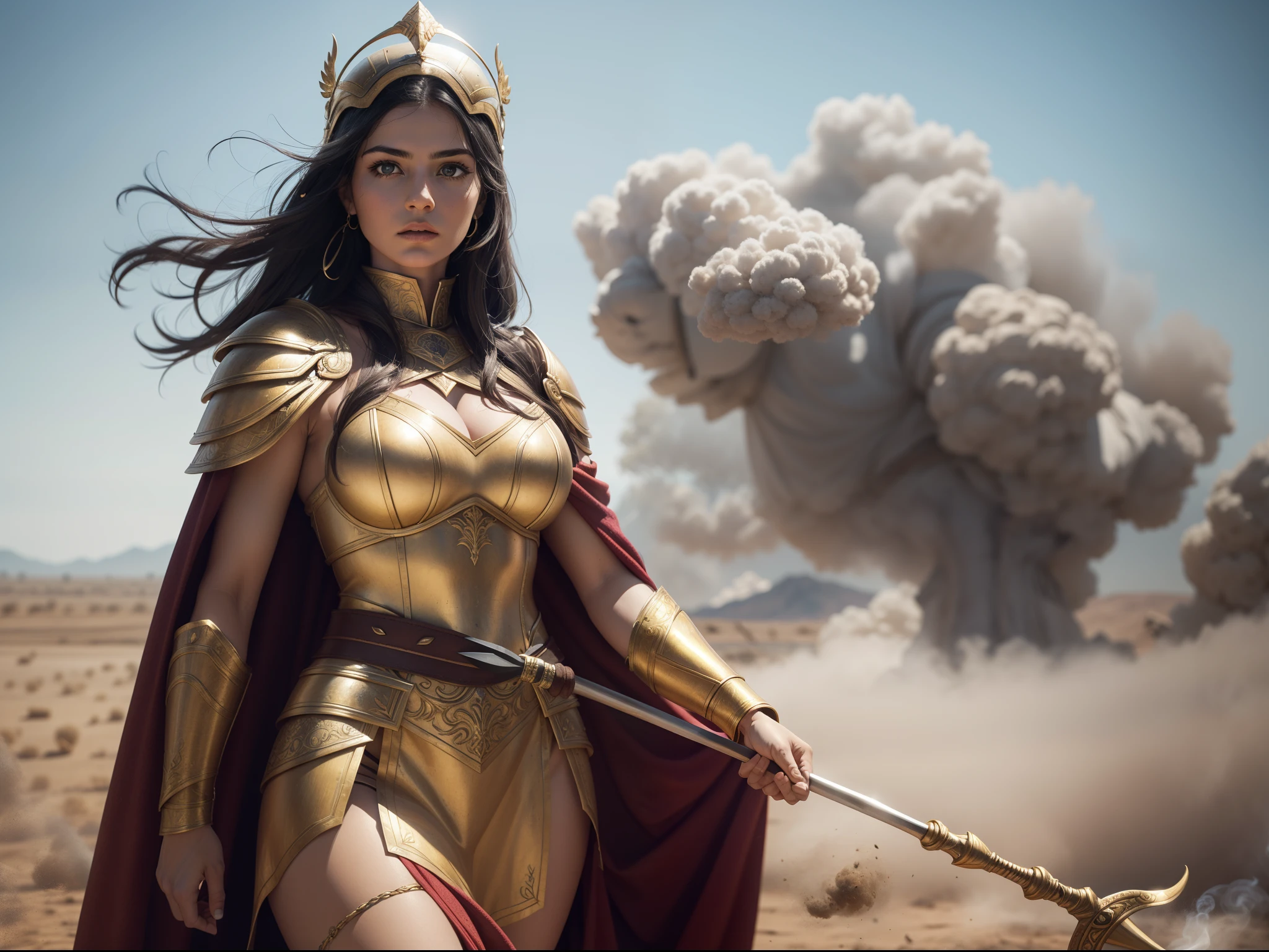 "Atenea". Not safe for work. Realistic photo from the waist up. . . Atenea. Woman warrior with a golden helmet on her head. Black hair. Big breasts. She wears a transparent golden tunic. A billowing red cloak. Athletic body. In her hands, a shield and a spear. Defiant stance. Epic background in the middle of an open field with suspended dust and smoke... ((masterpiece)). Professional photography, ultra-sharp focus. RAW analog photography, 80mm f2.8 lens, best quality, ultra detailed, 8k, intricate detail, minute detail, detail rendering, lifelike detail. Detailed hands, perfect eyes, detailed face.