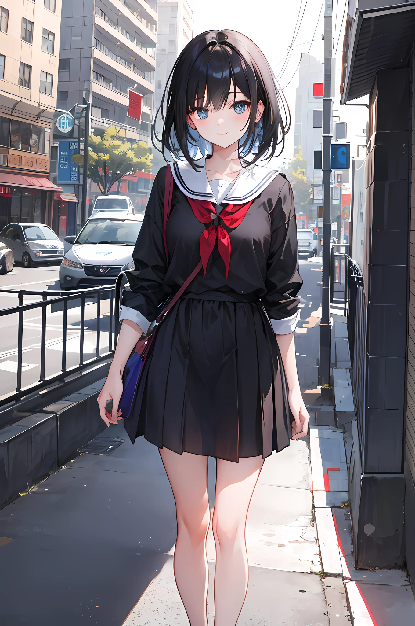 "In the midst of towering buildings casting shadows on a quiet street beside her school, a beautiful high school girl with chic black hair in a medium hairstyle and enchanting blue eyes stands alone. Her radiant smile illuminates the surroundings, a beacon of perpetual happiness. Clad in casual school attire, she exudes an air of curiosity and a love for solving mysteries, creating a striking contrast against the urban backdrop as she embraces the beauty within the shadows."