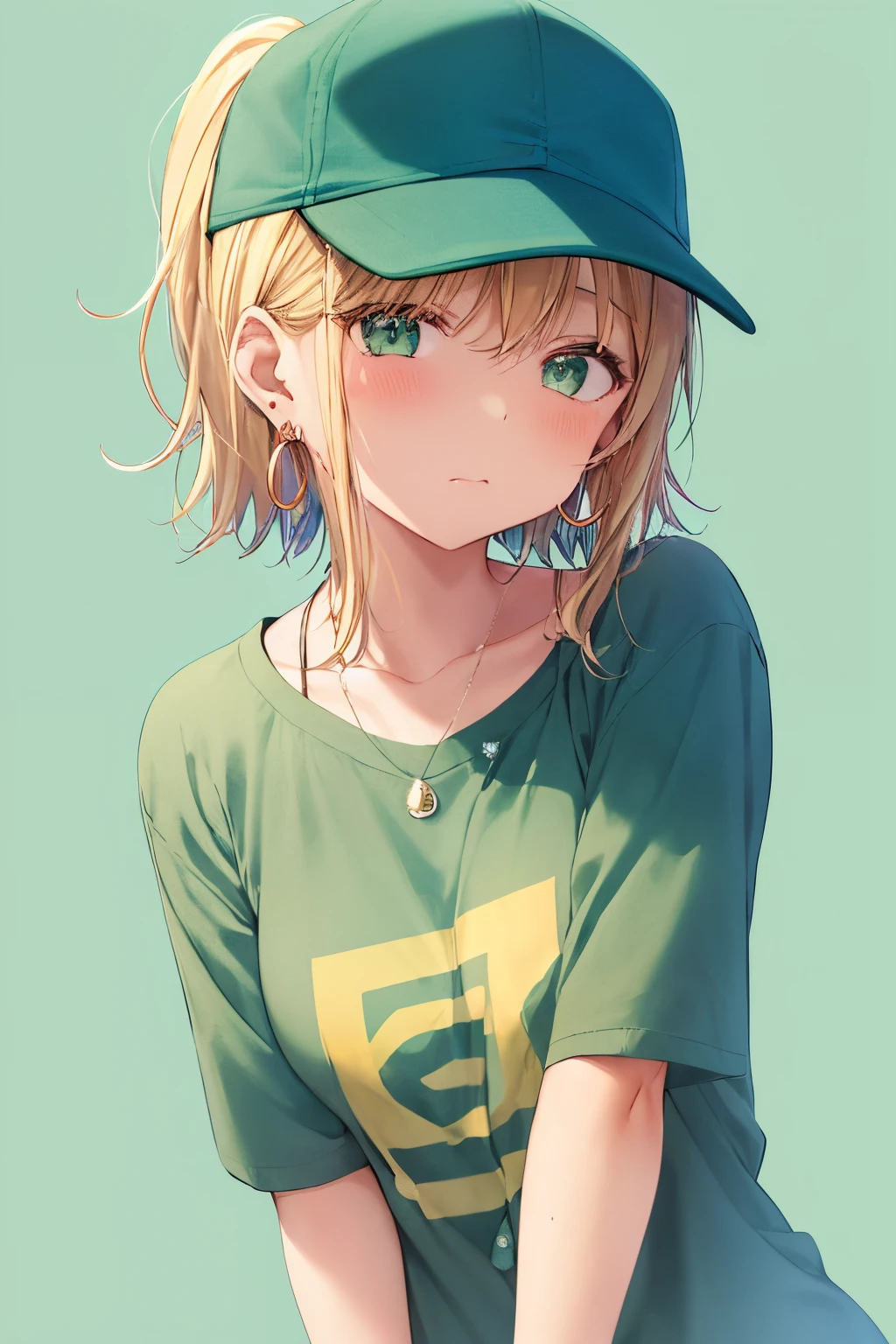 yukiyoshi mamizu, masterpiece, best quality, 1girl, blush, aqua eyes, baseball cap, blonde hair, closed mouth, earrings, green background, hat, hoop earrings, jewelry, looking at viewer, shirt, short hair, simple background, solo, upper body, yellow shirt