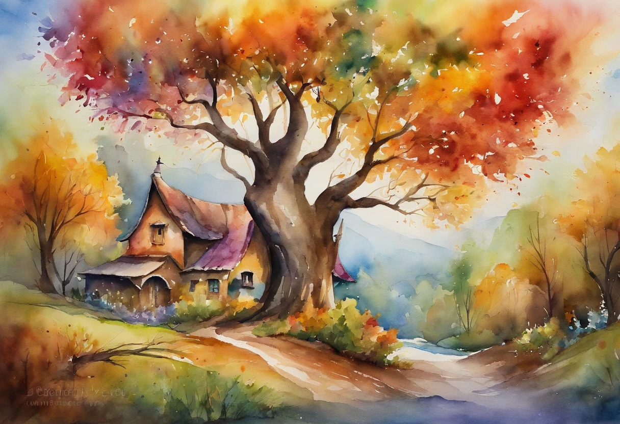 "A tree with bright rainbow-colored leaves, Casting its majestic shadow over an enchanting fantasy village."