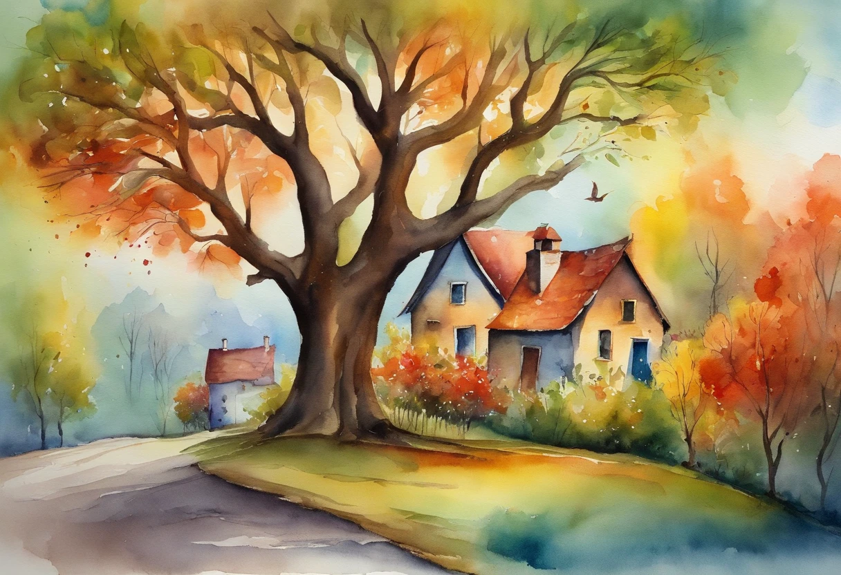 "A tree with bright rainbow-colored leaves, Casting its majestic shadow over an enchanting fantasy village."