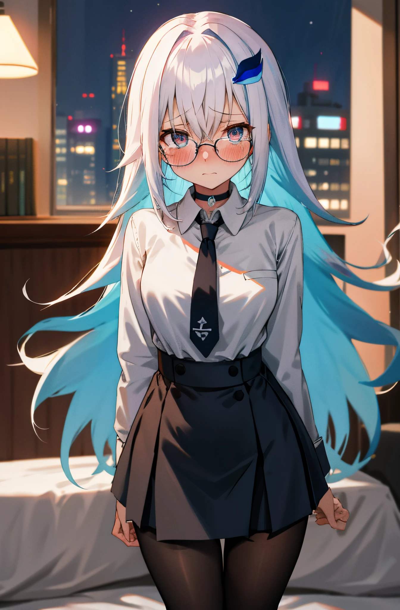 One girl with long hair, white hair, blue inner hair, looking at viewer, embarrassed, blushing, tears, indoor , bed room, white shirts, black necktie, mini skirt, office lady, thigh, slim, dizzy, choker, mid-chest, wide hips, perfect waist, spread legs, night atmosphere, hair ornament, standing, glasses, pantyhose, (embarrassed:1.0)