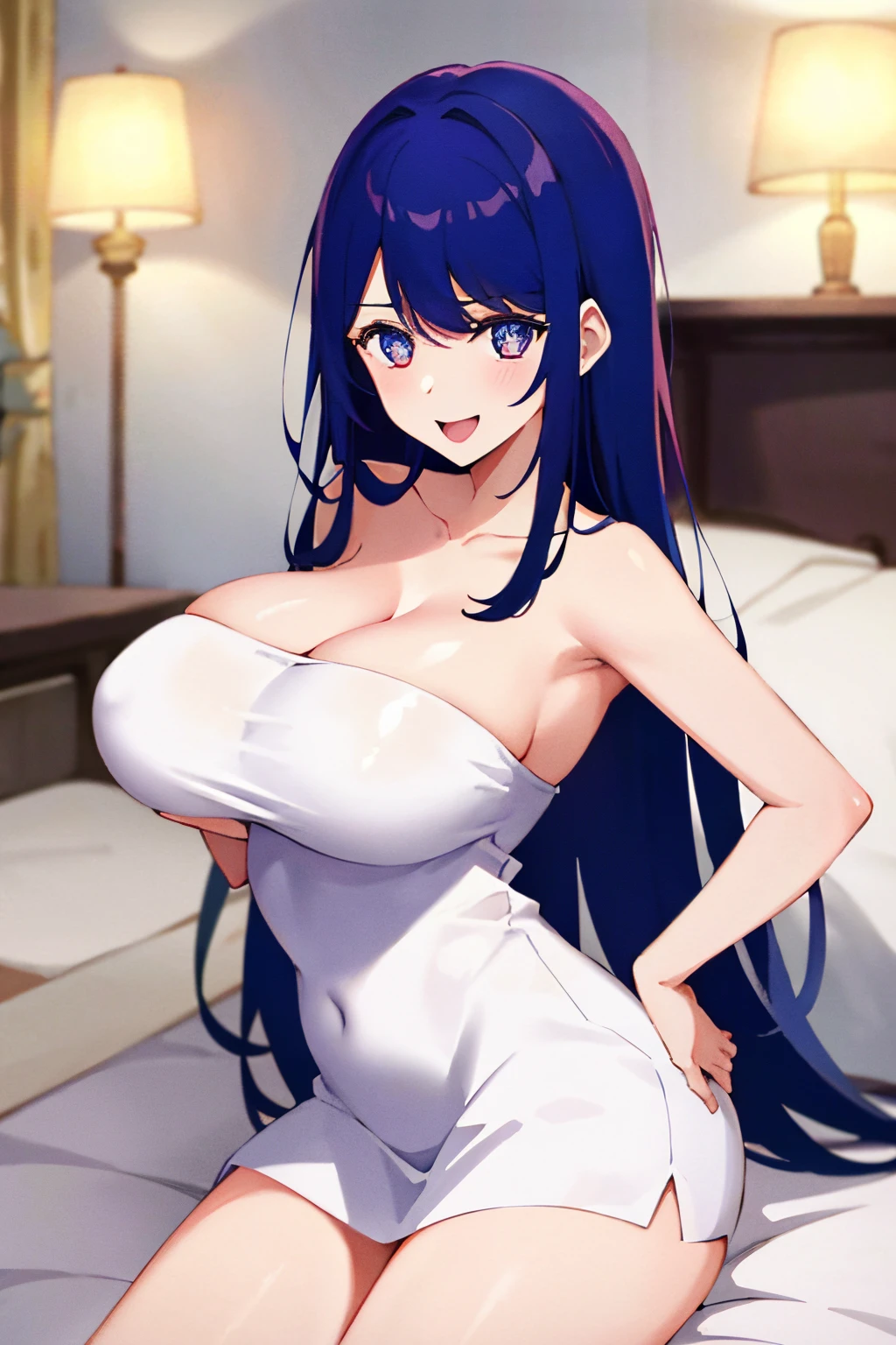 masterpiece、ighly detailed、(1 girl in:1.2)、purple color hair、virgin killer strapless open shoulder strapless sexy clothes、big eye、、Naughty smile、8K 、Ai Hoshino、Star、very sexy big breast、