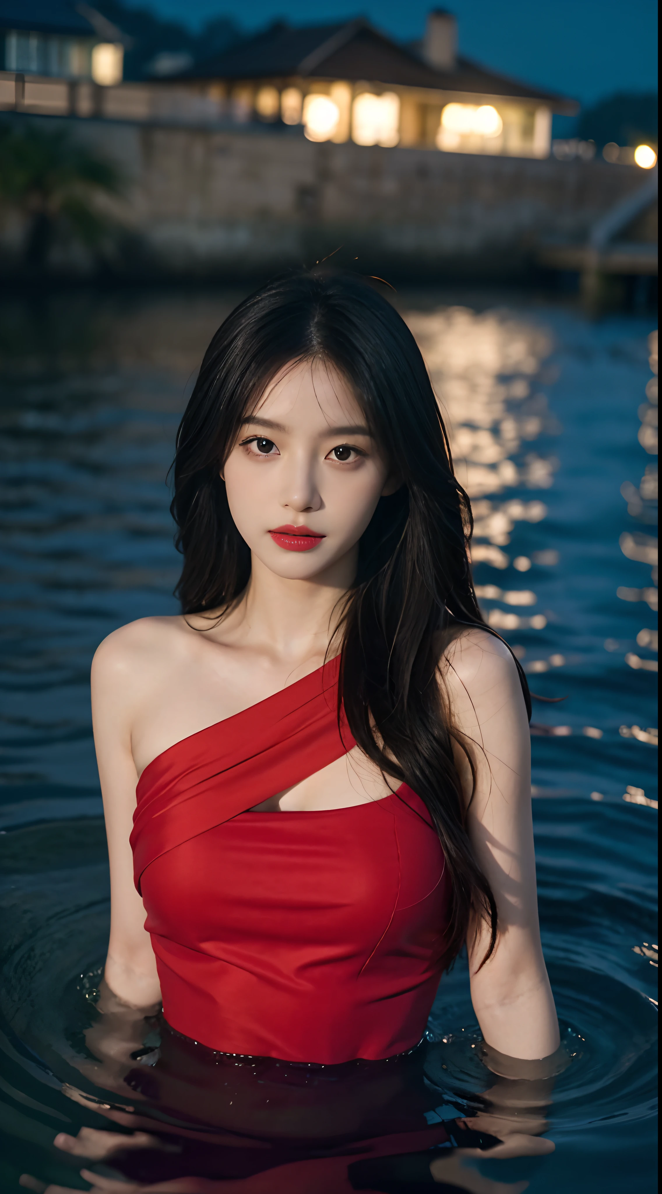 facing at camera,face to the viewer,standing on your feet,High picture quality,Works of masters,Kizi,Black hair,Long hair shawl,Long hair flowing over the shoulders,cropped shoulders,鎖骨,exquisite face,Hydrated red lips,Pink dress,Hosiery,Expose calves,鎖骨,facing at camera,Single photo,Hosiery,A sad expression,Bust,Real Persono,swimmning,Stand in the water to expose your upper body(the sea),CG rendering,16k,looks into camera,The night view was beautiful,A sad parting,hyper HD,The details were perfect,The picture is real,Extreme picture quality,Highest accuracy,8K resolution,Shades of darkness,8K, Yes ,Ultra HD,8K