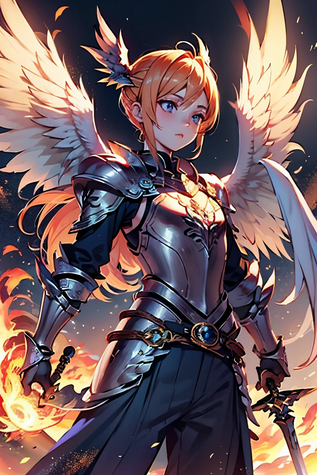 1 boy, Valkyrie, warrior, wielding a sword, wings, fire magic, wearing armor, flat chest, androgynous