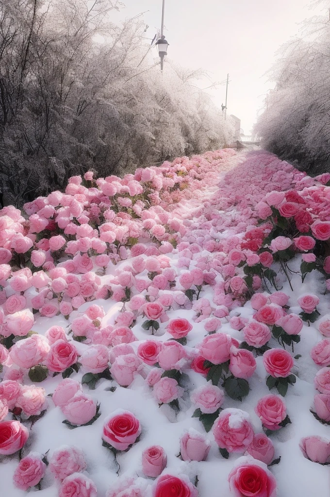 There are many roses in the snow，Available in various colors, Nature is really beautiful, with frozen flowers around her, beautiful nature, very beautiful photograph of, beautiful  flowers, there's flowers everywhere, blossoms!!!!, beautiful cinematography, Field of pink flowers, unbelievable beautiful, There is a sea of flowers everywhere, Incredibly beautiful, rosette, beautiful flowers growing, The aesthetic field of flowers, looks very realistic
